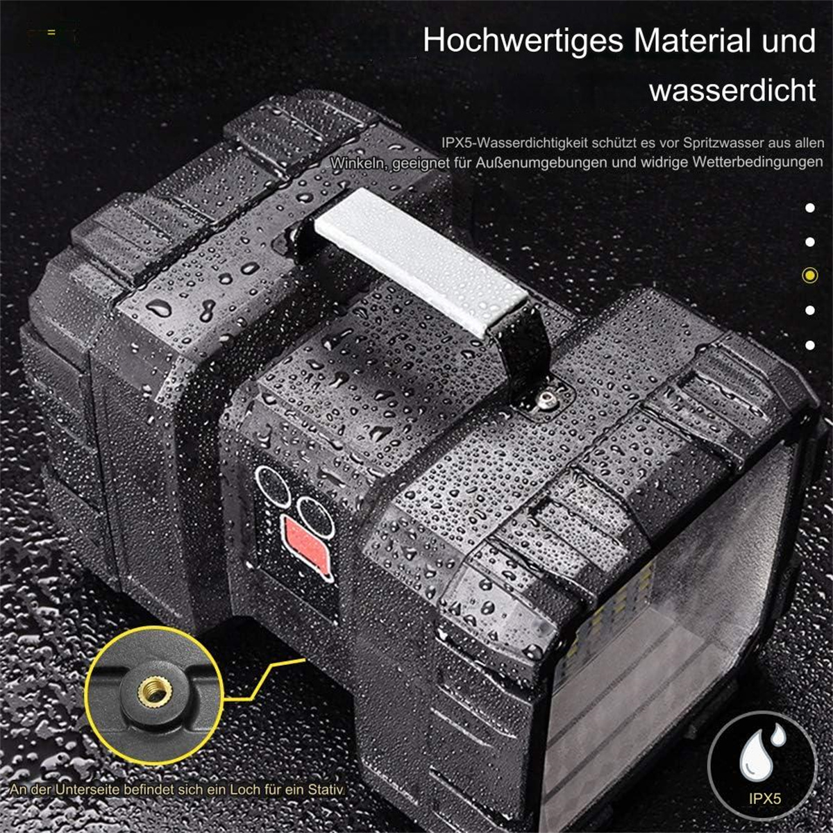Schwarze wasserdichte Box mit Griff und Text über ihre wasserdichten Eigenschaften.