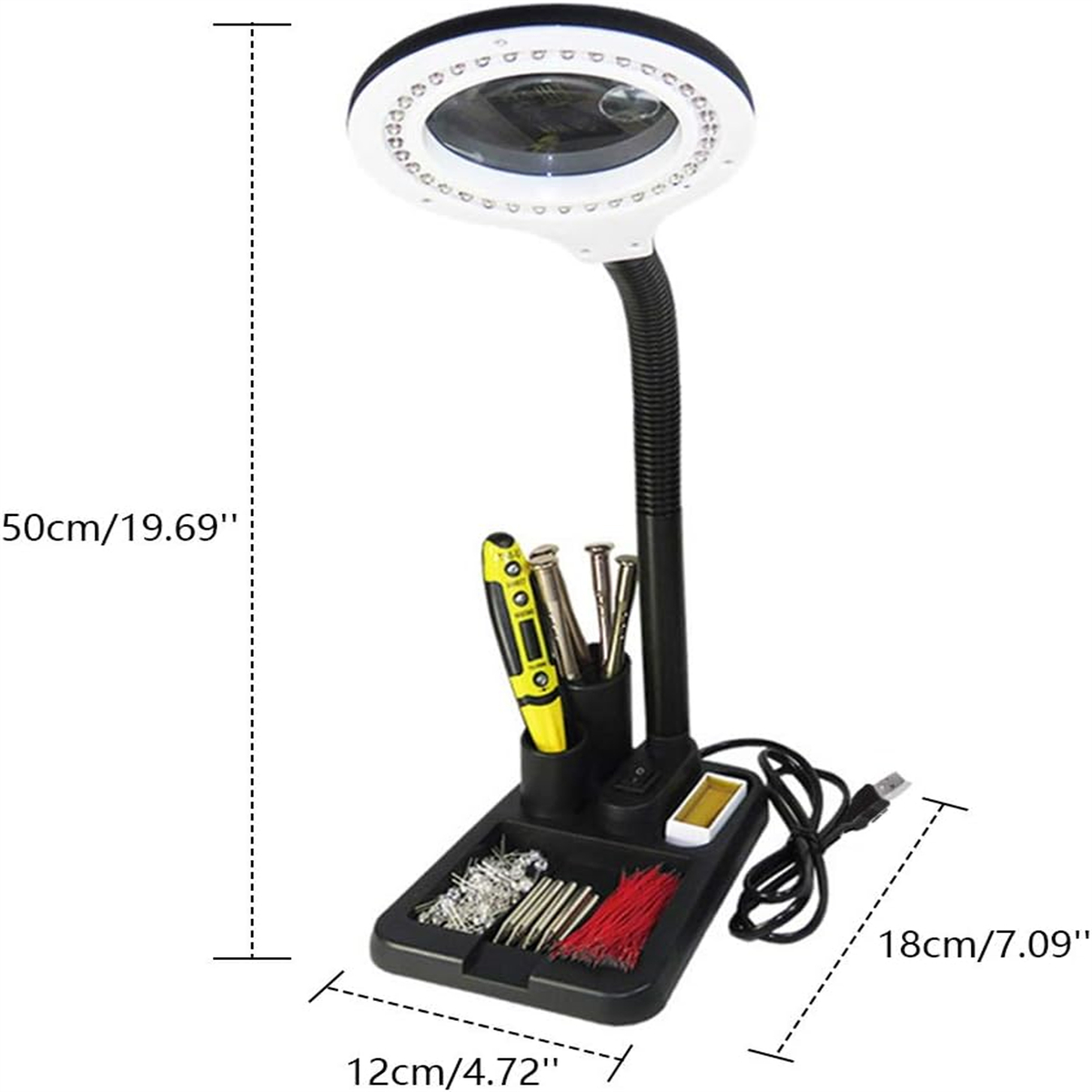 Vergrößerungslampe mit LED-Lichtern, Sockel mit Werkzeugen und Maßen.