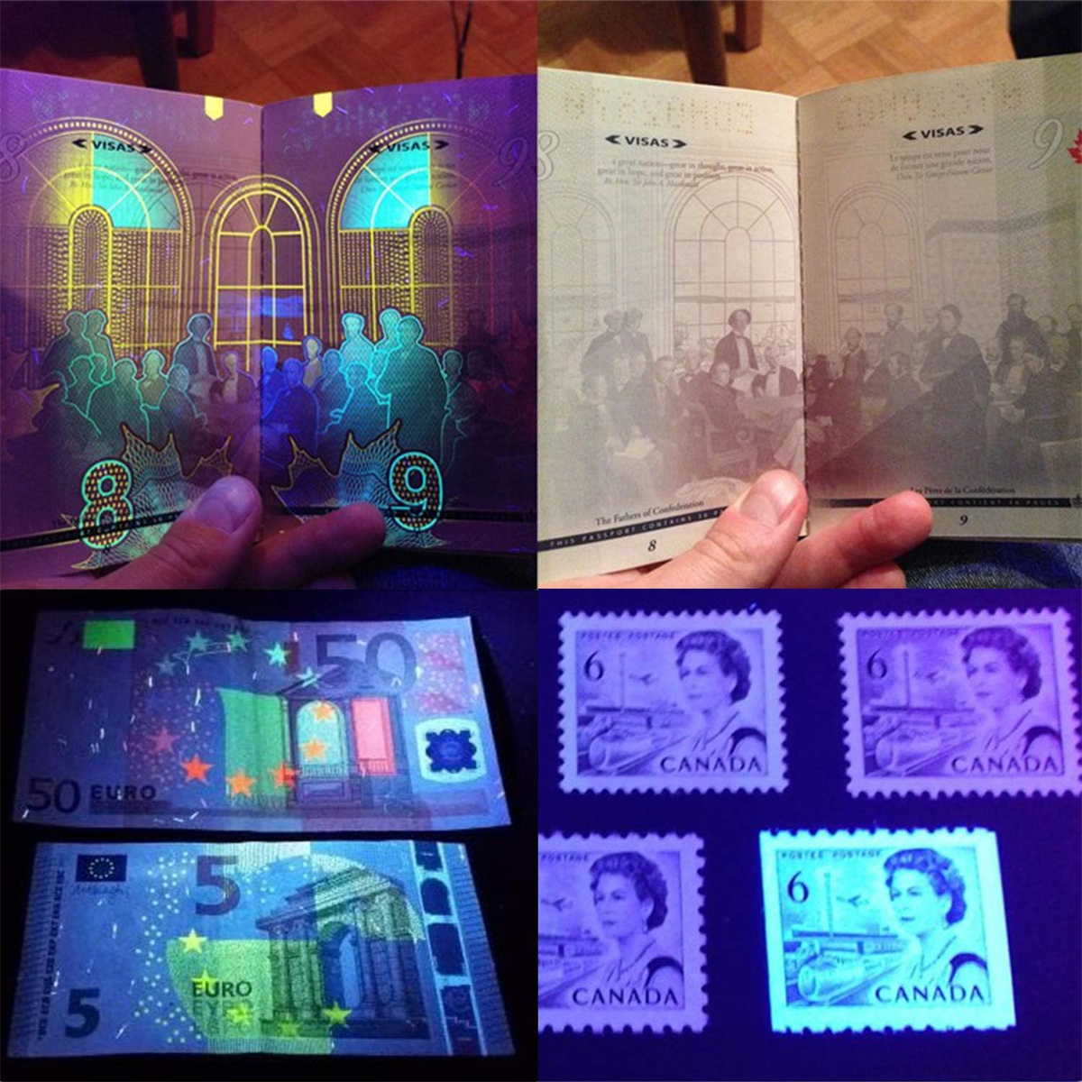 Mehrere Banknoten und Briefmarken unter UV-Licht, Details auf schwarzem Hintergrund.
