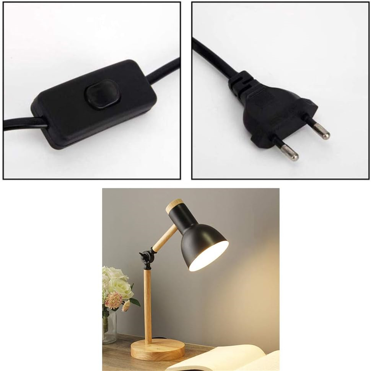 Eine Schreibtischlampe mit schwarzem Schirm und Holzarm. Sie hat einen Schalter am Kabel und einen Stecker.