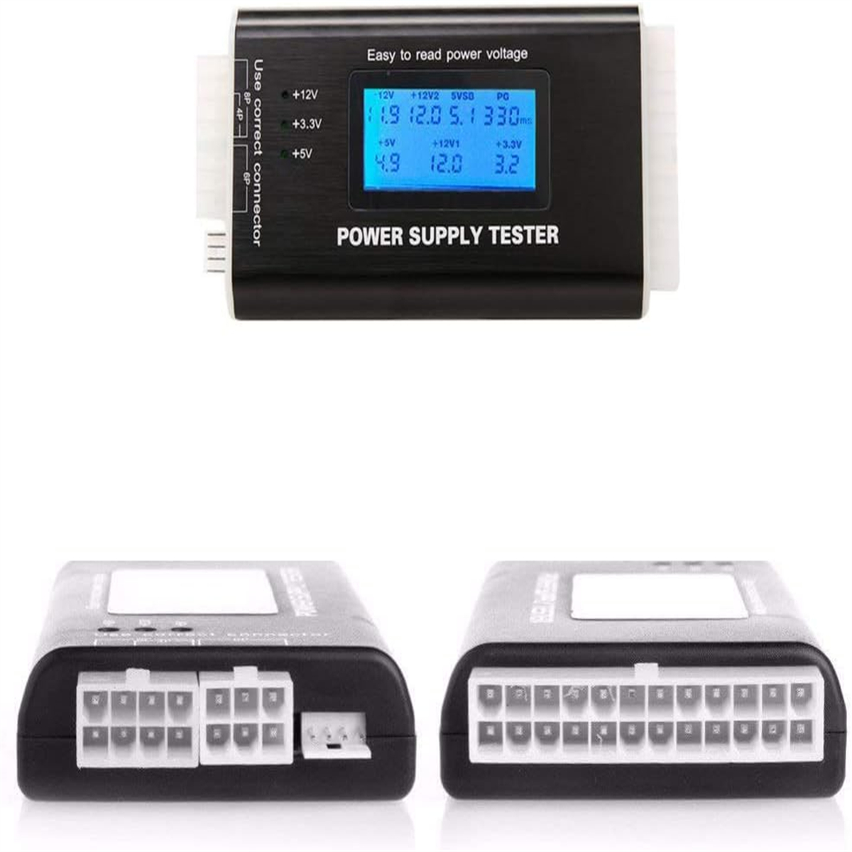 Ein schwarzer Netzteil-Tester, der Spannungswerte auf einem blauen Digitaldisplay anzeigt.