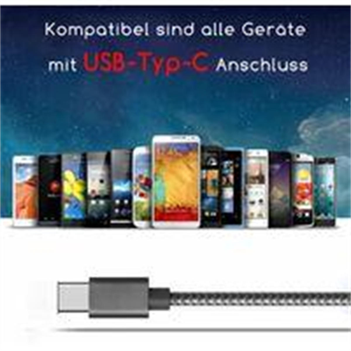 Eine Reihe von Smartphones mit einem USB-C-Kabel, Text besagt, dass sie kompatibel sind.