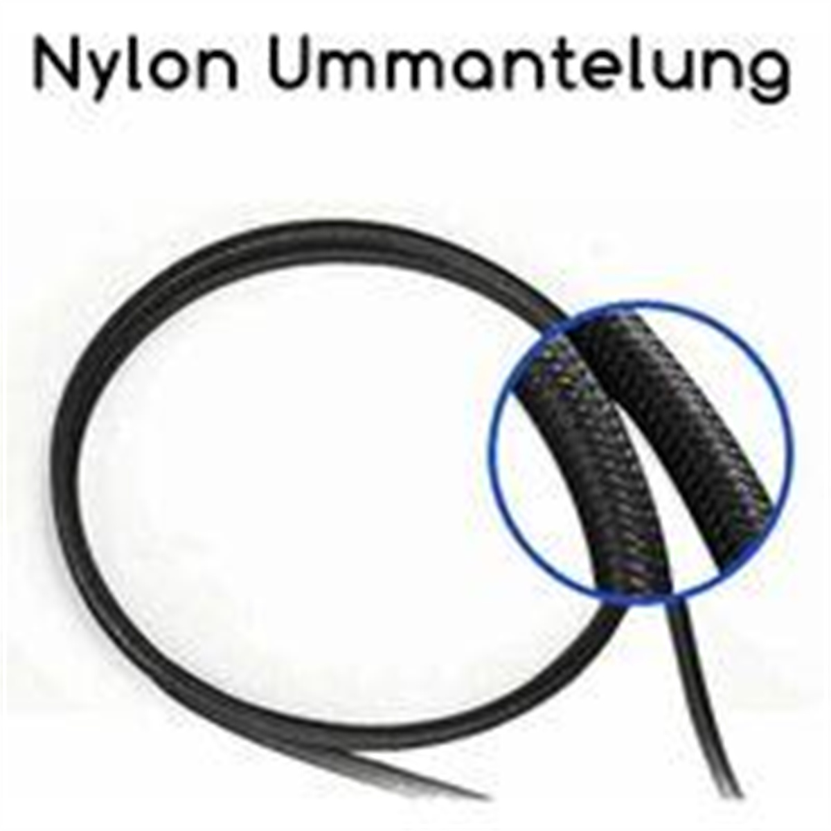 Schwarzes Nylonkabel. Nahaufnahme zeigt die geflochtene Textur.