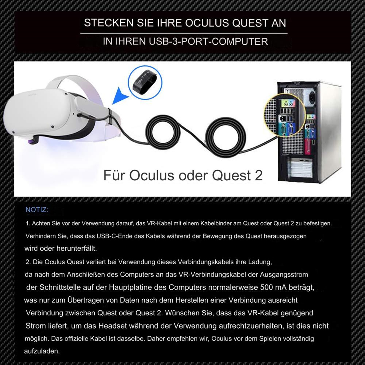 Diagramm, das erklärt, wie man eine Oculus Quest mit einem USB-Kabel an einen Computer anschließt.