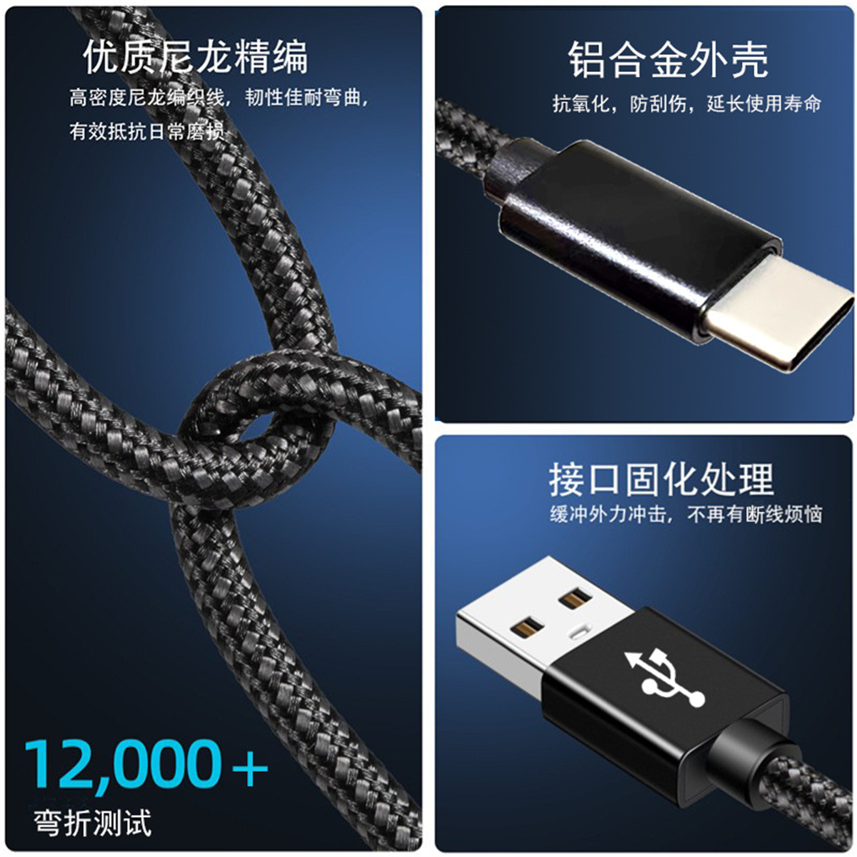 Nahaufnahme eines Ladekabels. Text: 12.000+ Biegungen. Aluminiumlegierung und USB-C.