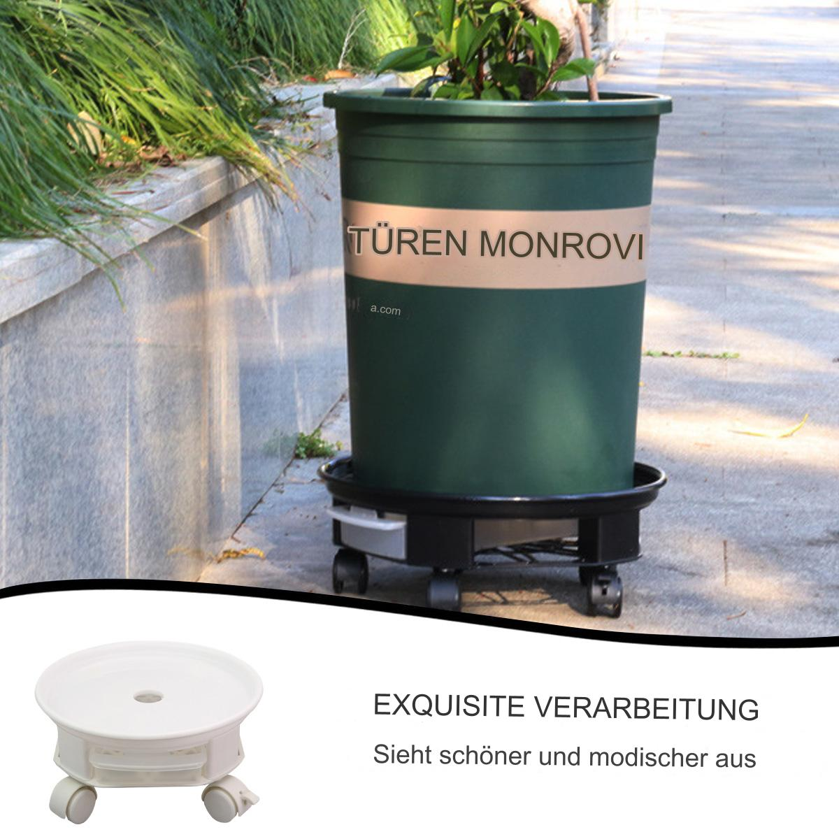 Grüner Blumentopf auf schwarzer Rollbasis, mit weißem Text darunter.