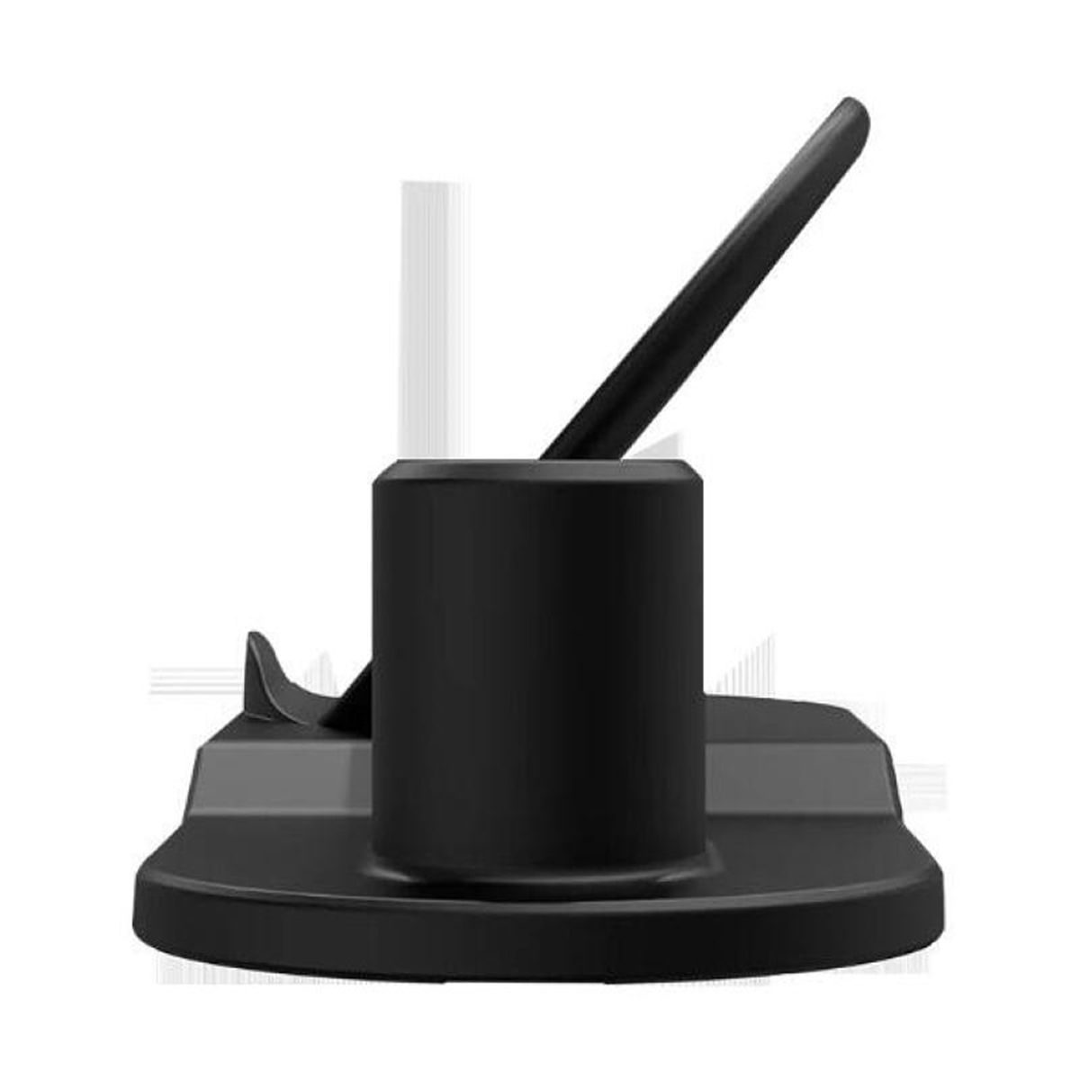 Schwarze Ladestation mit zylindrischem Sockel und einem abgewinkelten Arm. Sie hat eine kleine Leiste.