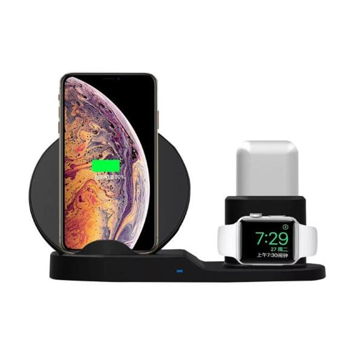 Eine Telefonladestation mit Telefon, Uhr und Ladebereich. Das Telefon zeigt eine Ladeanzeige.