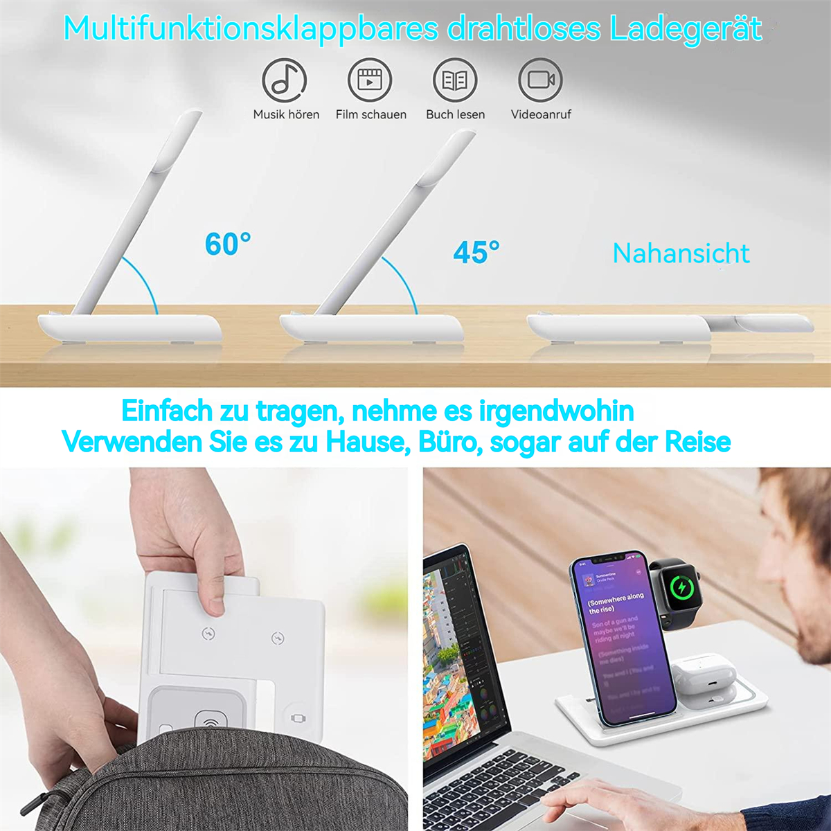 Kabelloser Ladeständer mit drei verschiedenen Winkeln und eine Person, die ihn mit einem Laptop benutzt.