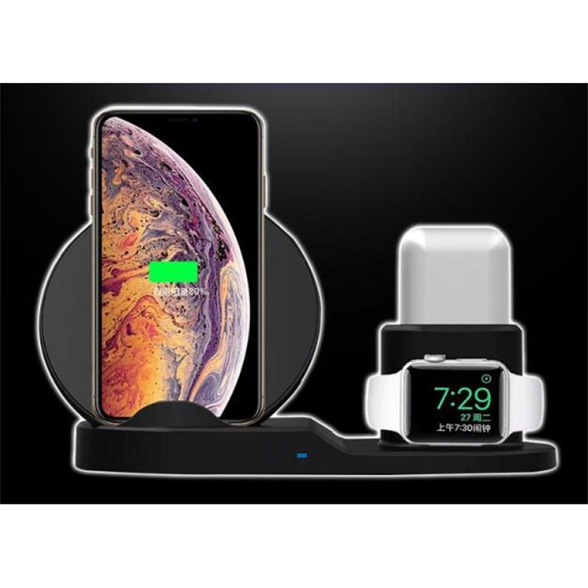 Eine Ladestation für Telefon und Uhr. Das Telefon zeigt 80 % Ladung, die Uhr die Zeit.