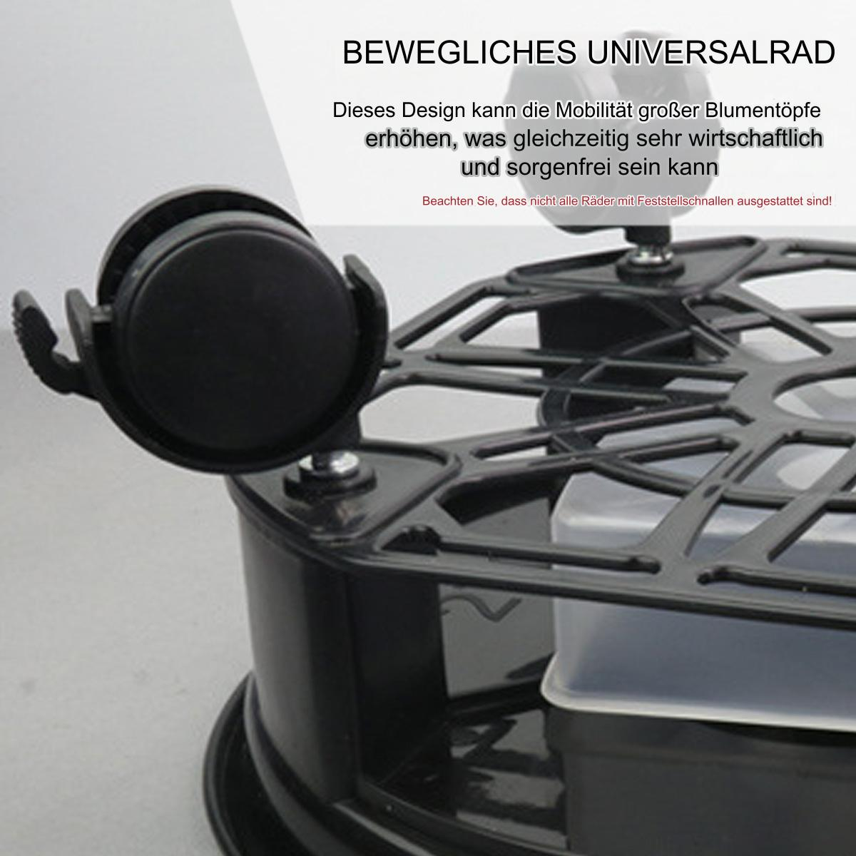 Schwarzer Blumentopfuntersetzer mit Rollen, für Mobilität, Nahaufnahme, weißer Hintergrund.
