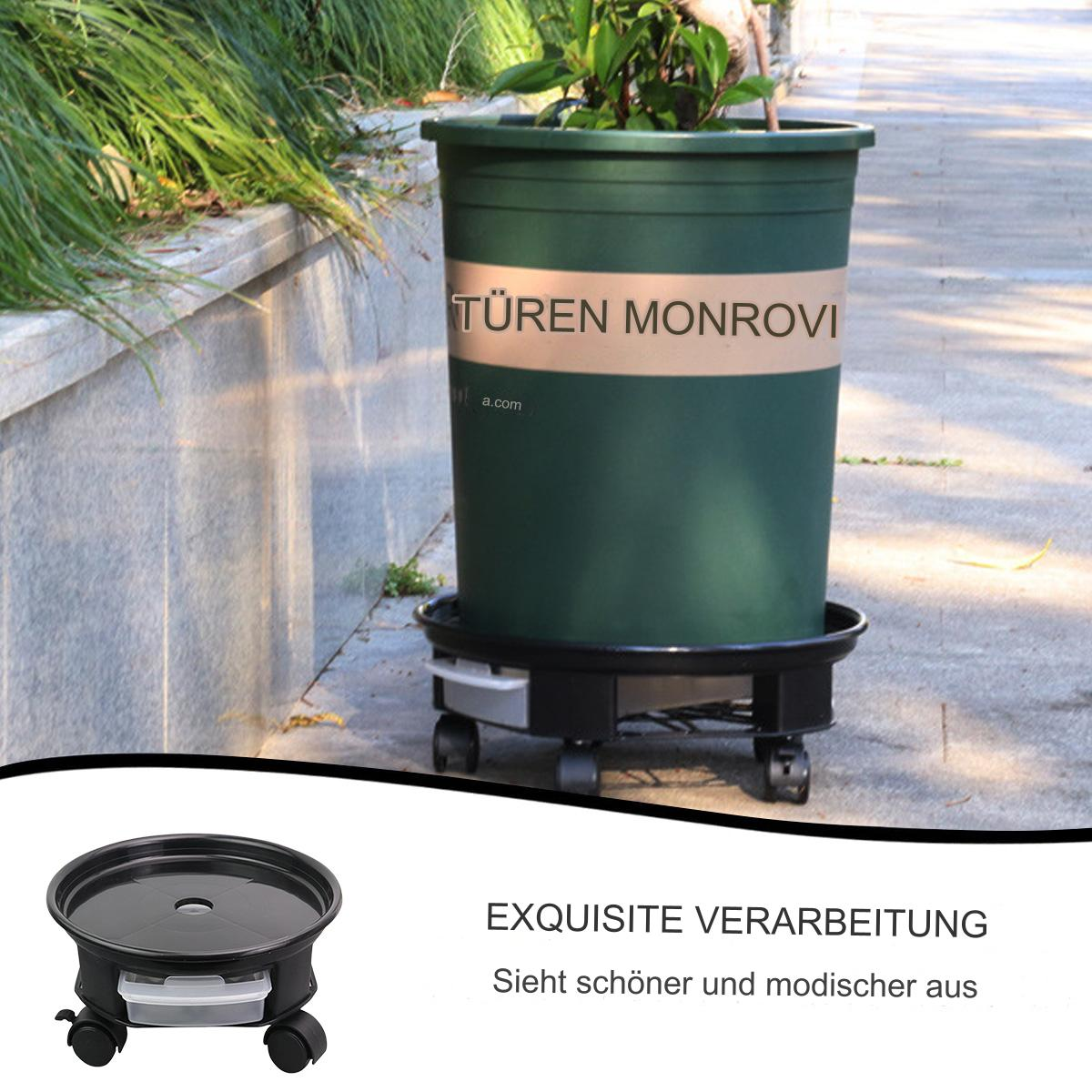 Grüner Blumentopf auf Rollfuß. Der Topf hat den Text 'Türen Monrovi'.