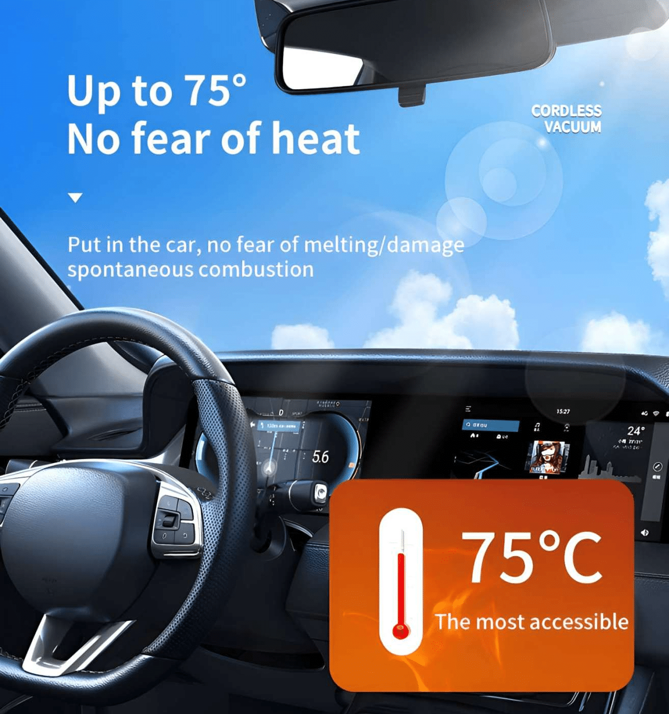 Innenansicht des Autos mit einer Temperaturanzeige von 75°C. Text weist auf keine Hitze- und Selbstentzündungsgefahr hin.