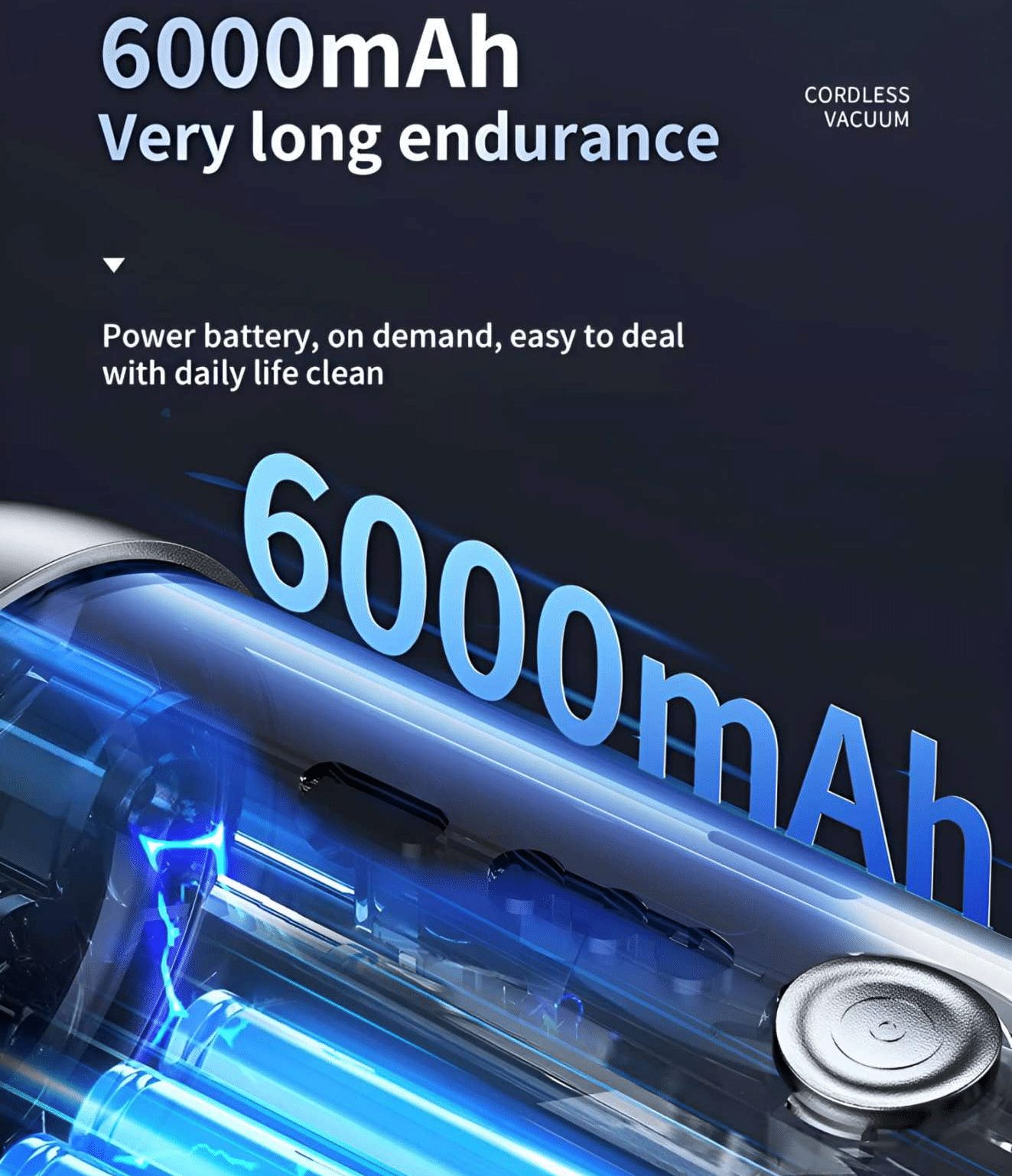 Ein Power-Akku mit 6000mAh Kapazität, blauen Lichtern und Text, der die Ausdauer anzeigt.