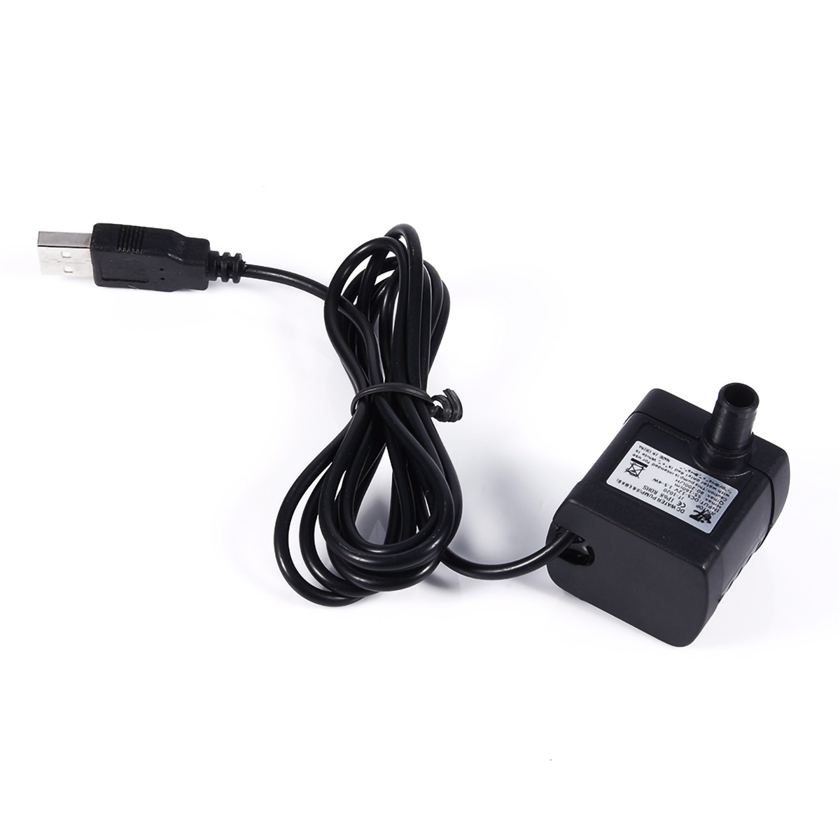 Eine kleine schwarze USB-Wasserpumpe mit schwarzem Kabel und USB-Anschluss.
