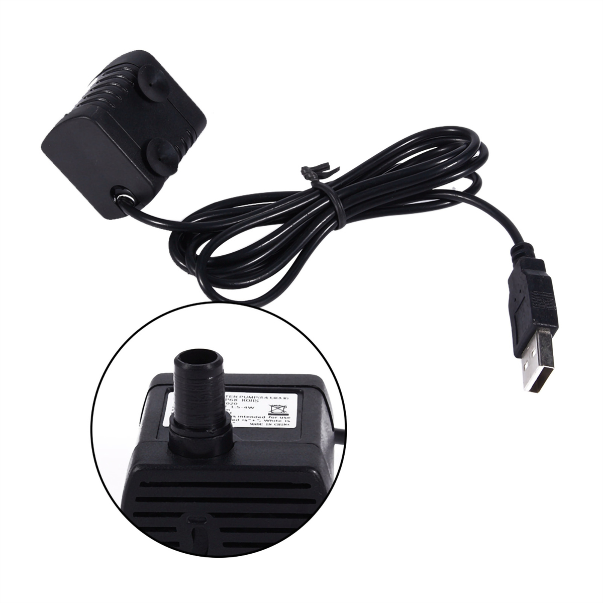 Kleine schwarze Wasserpumpe mit USB-Anschluss und schwarzem Kabel.