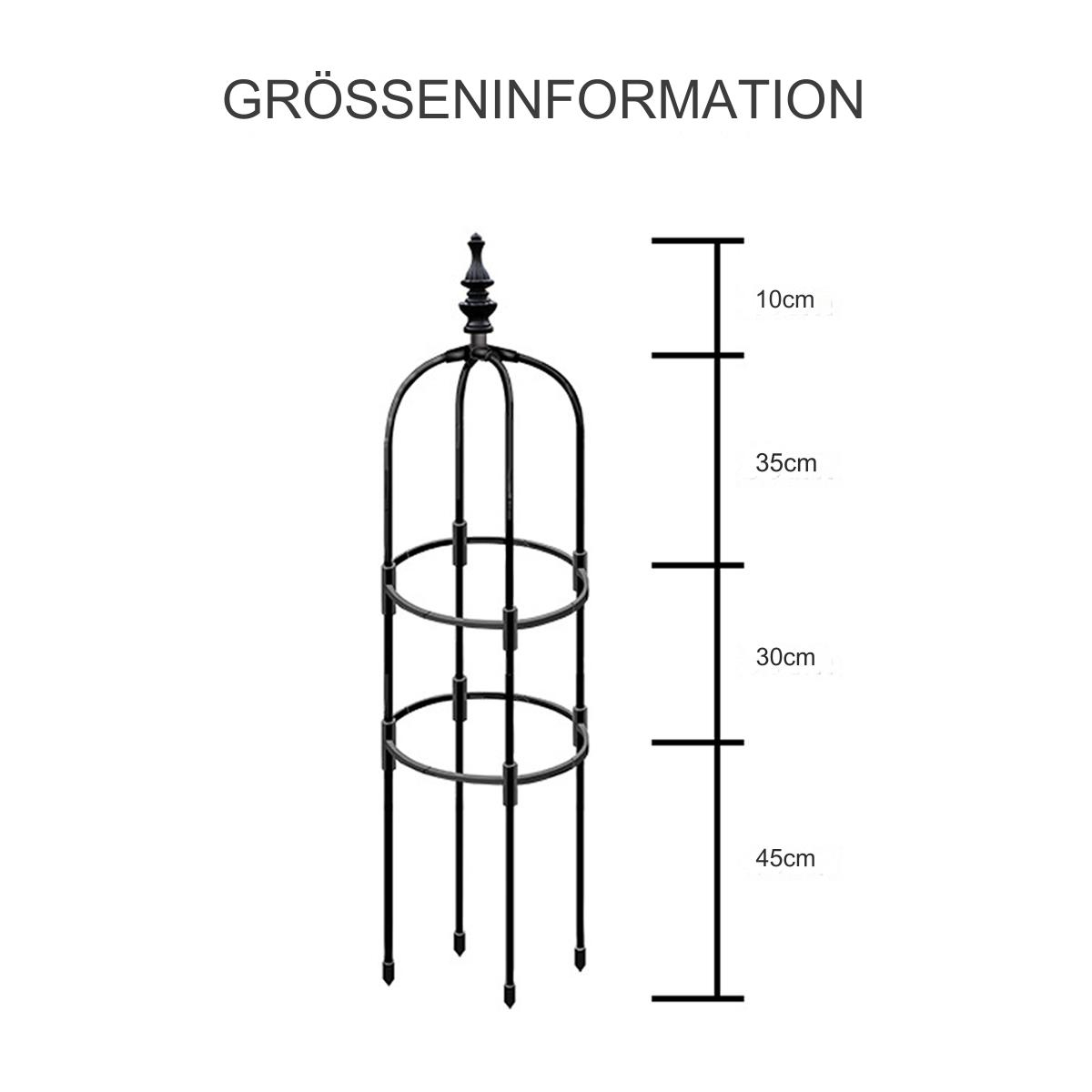 Schwarzes Metall-Gartenspalier. Es hat eine dekorative Spitze und Ringe. Weißer Hintergrund. Maße sind gezeigt.