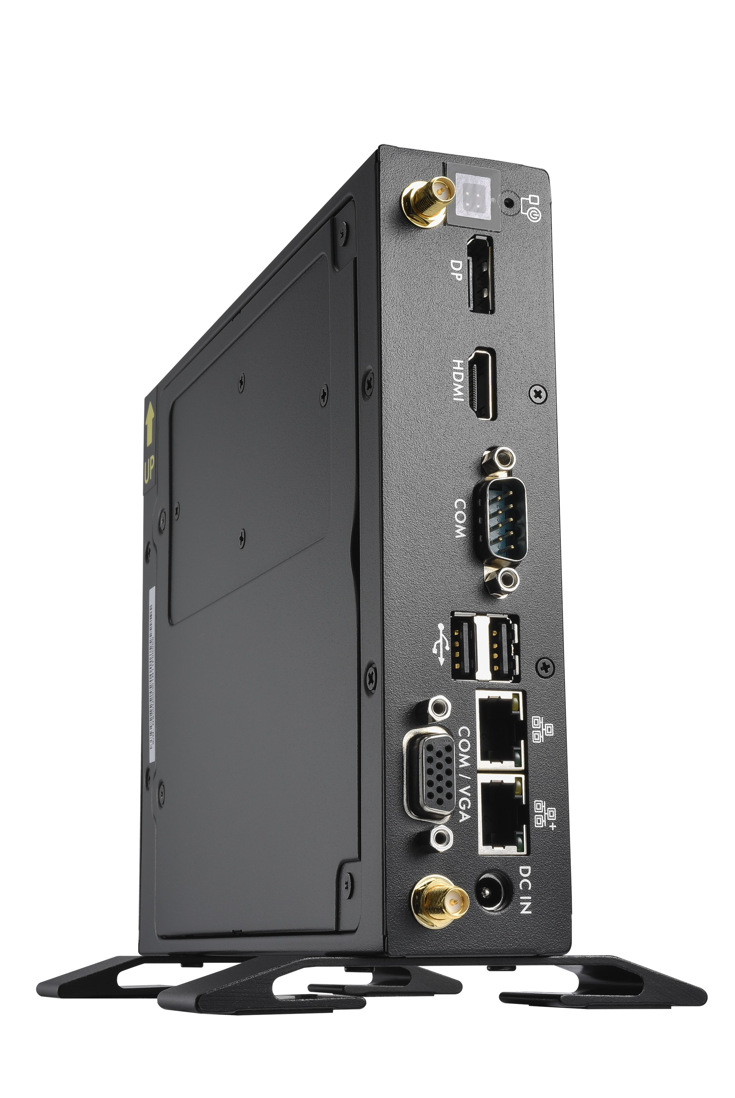 Case per computer nero con varie porte. Diversi supporti per connettori sono nella parte inferiore.