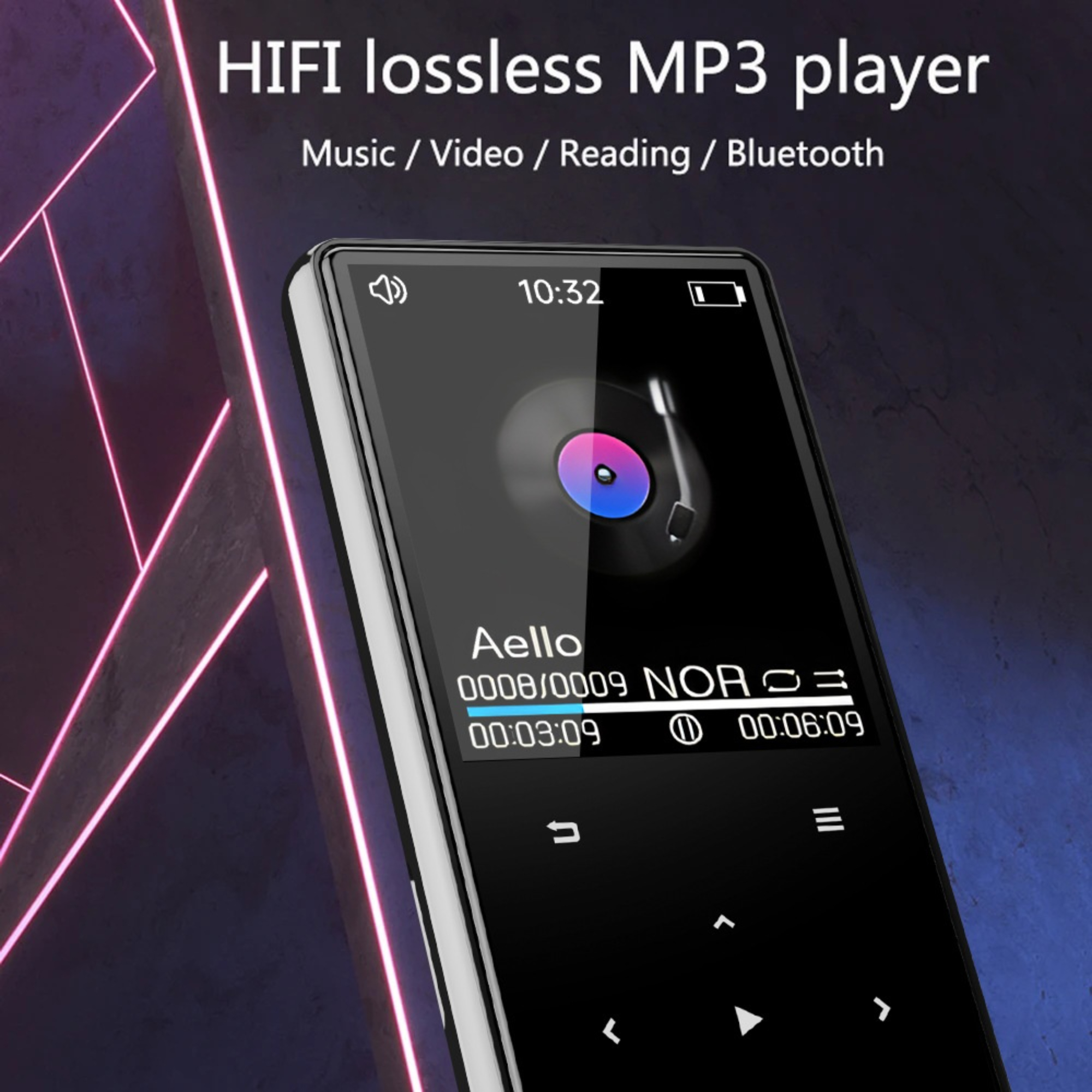 Ein schwarzer MP3-Player mit einem Bildschirm, der einen Musiktitel anzeigt. Der Player hat Navigationstasten.