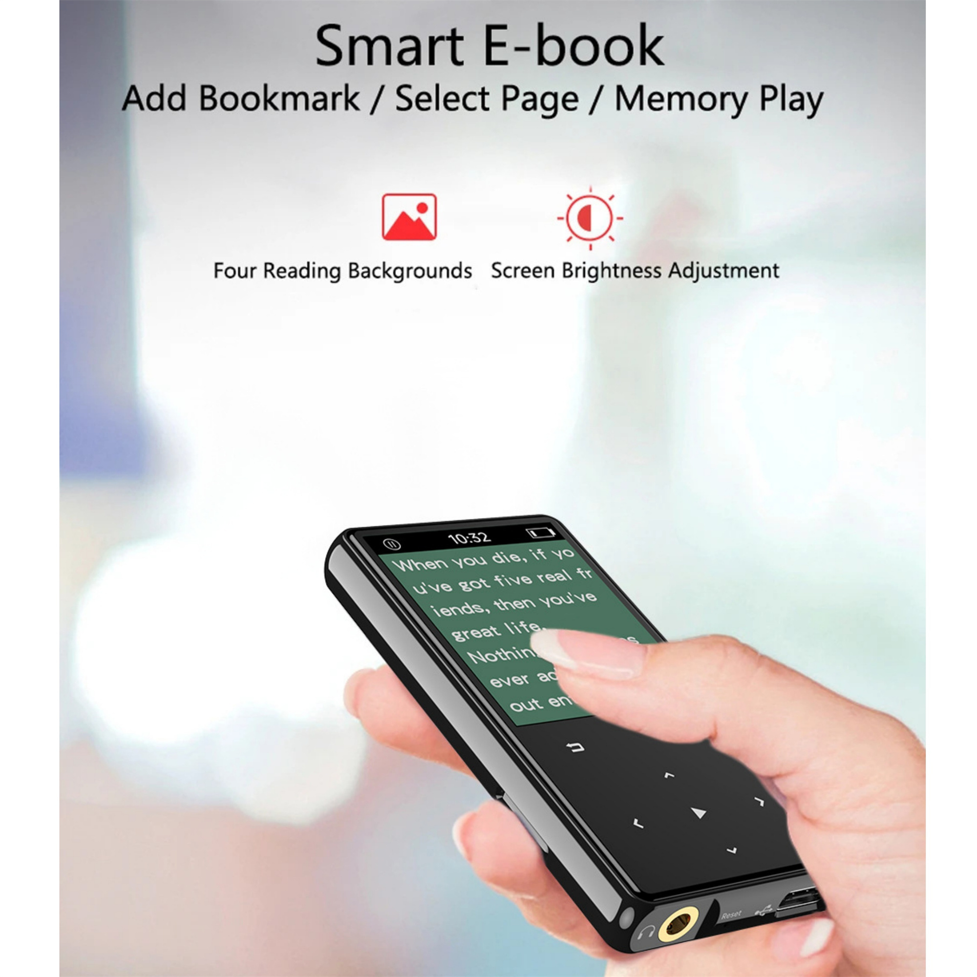 Hand, die einen schwarzen E-Reader mit Text hält, mit Symbolen für Lesehintergrund und Helligkeit.