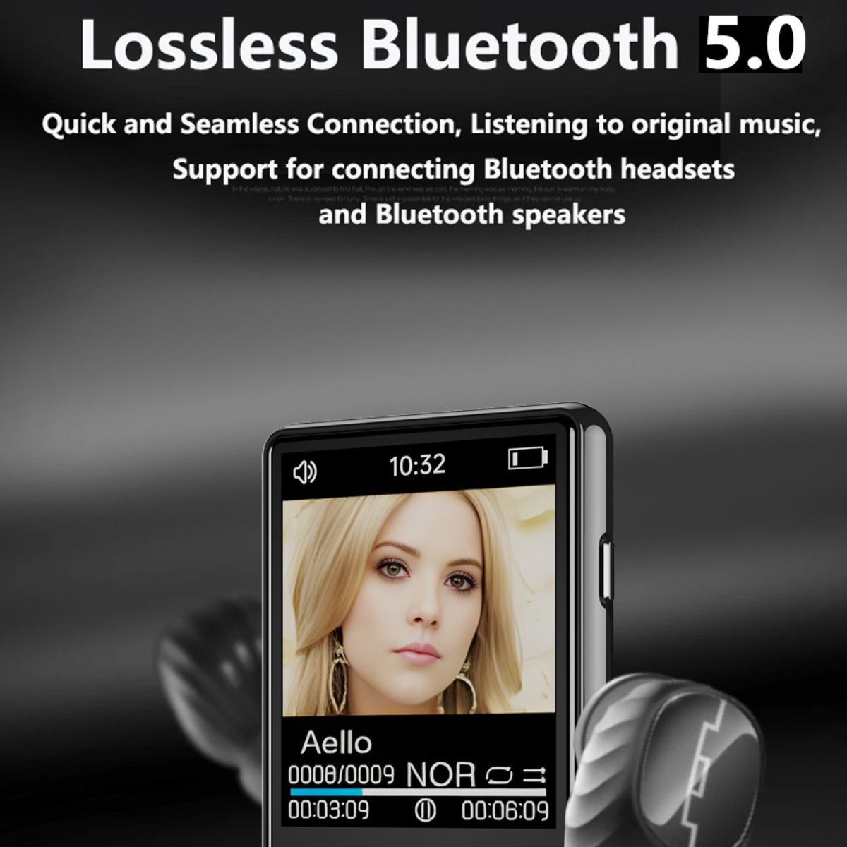 Digitaler Musik-Player mit Frauenporträt, mit Ohrhörern, der verlustfreies Bluetooth 5.0 hervorhebt.