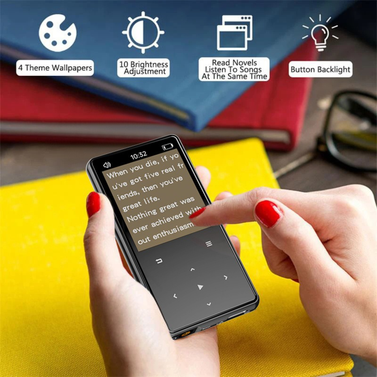 Person hält einen schwarzen MP3-Player mit Text auf dem Bildschirm. Im Hintergrund Symbole.