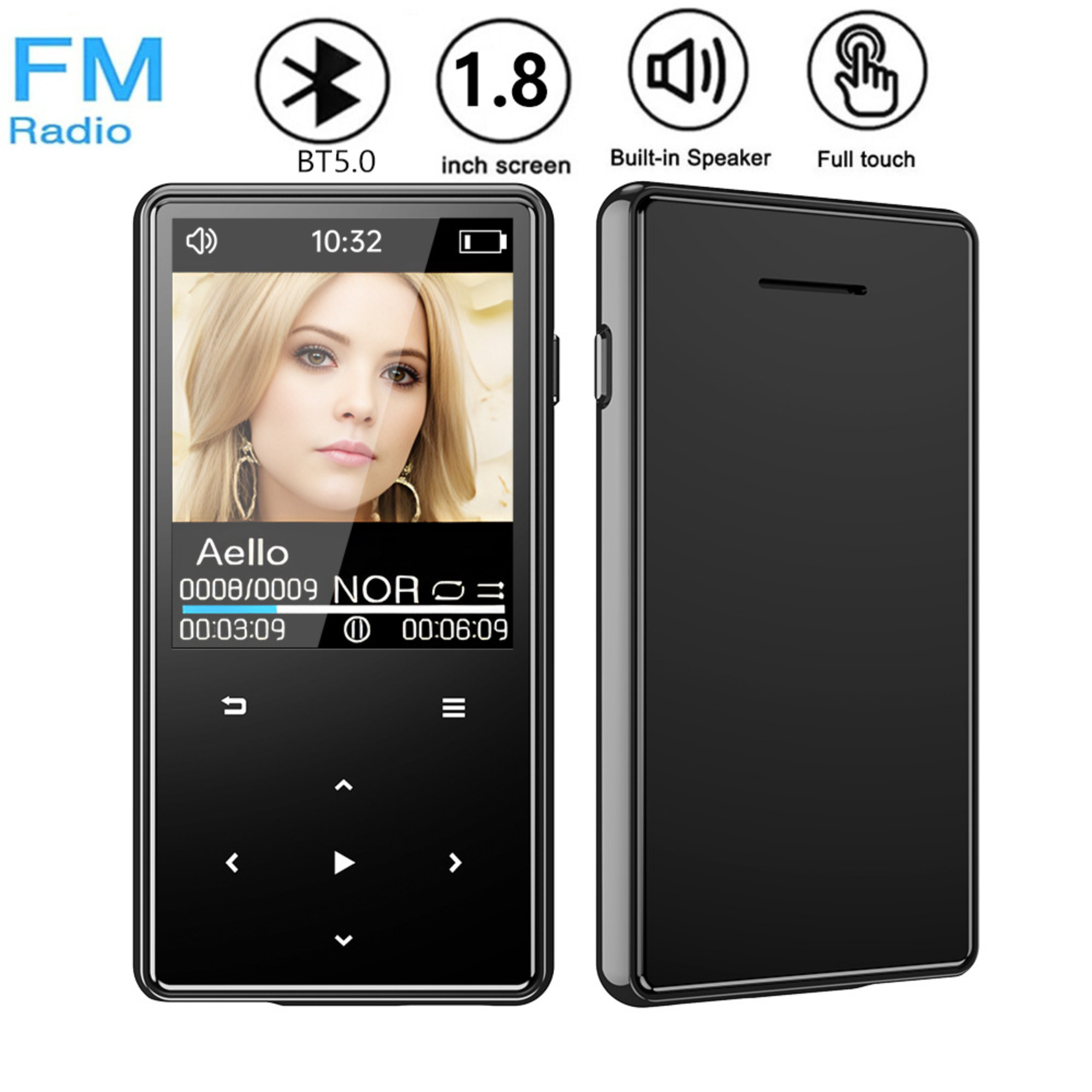 Schwarzer MP3-Player mit Bildschirm, der ein Frauengesicht und Steuertasten zeigt.
