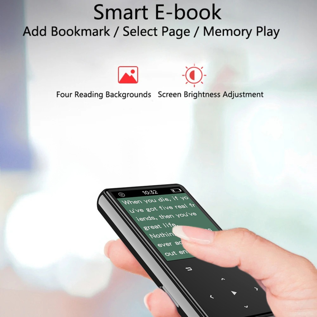 Person hält einen Smart-E-Book-Reader. Text auf dem Bildschirm, verschiedene Hintergrundoptionen.