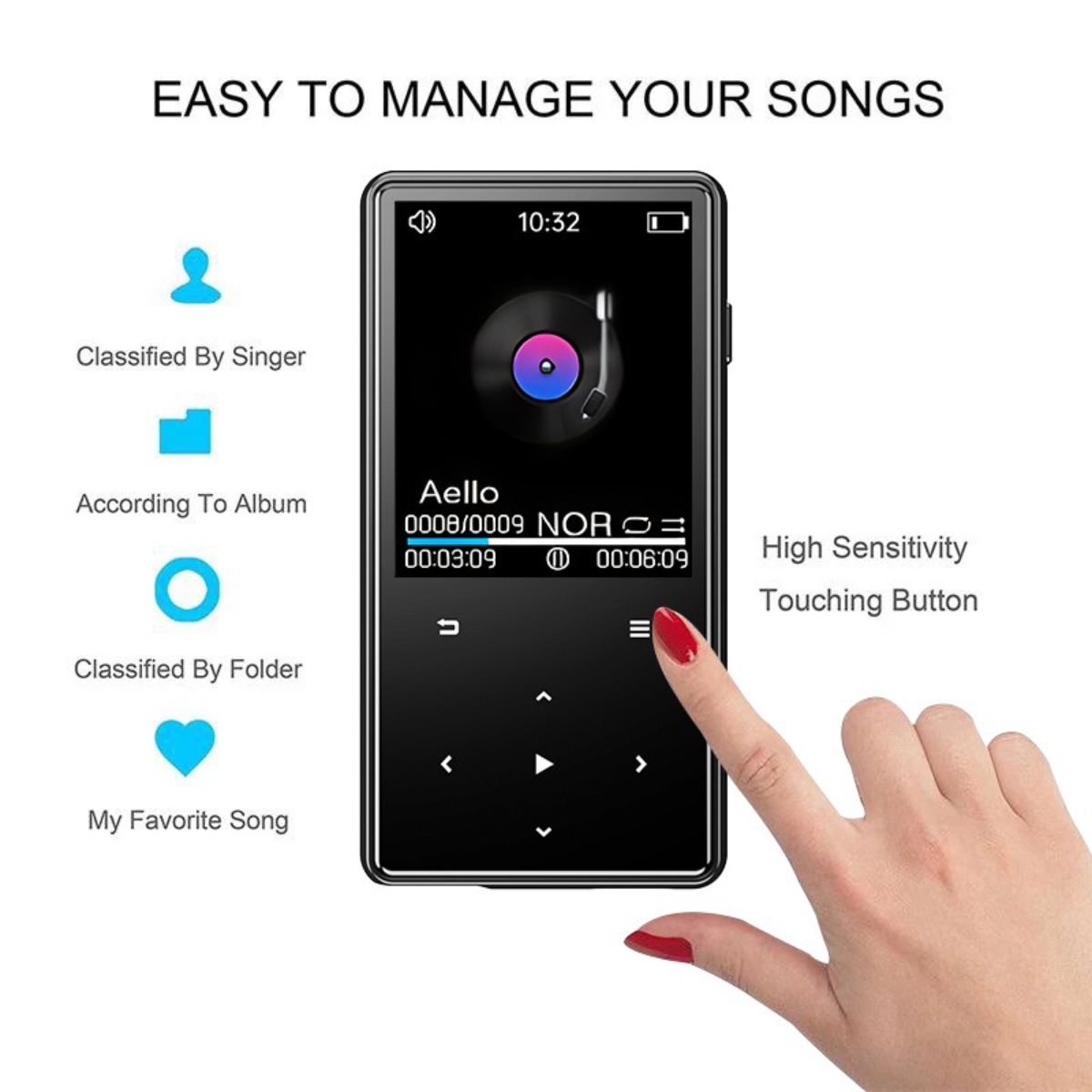 MP3-Player mit Touchscreen, zeigt Songinformationen und Tasten. Text: "Einfach Ihre Songs verwalten".