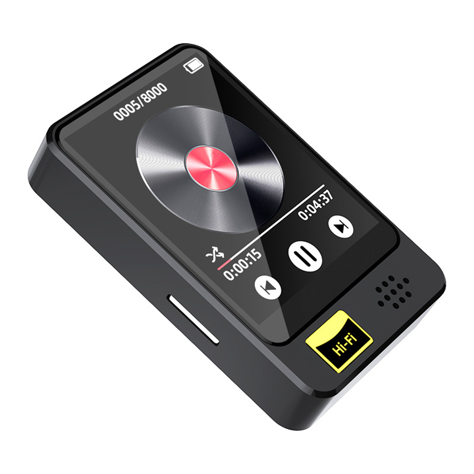 Schwarzer, rechteckiger Musikplayer mit Bildschirm und Wiedergabe.