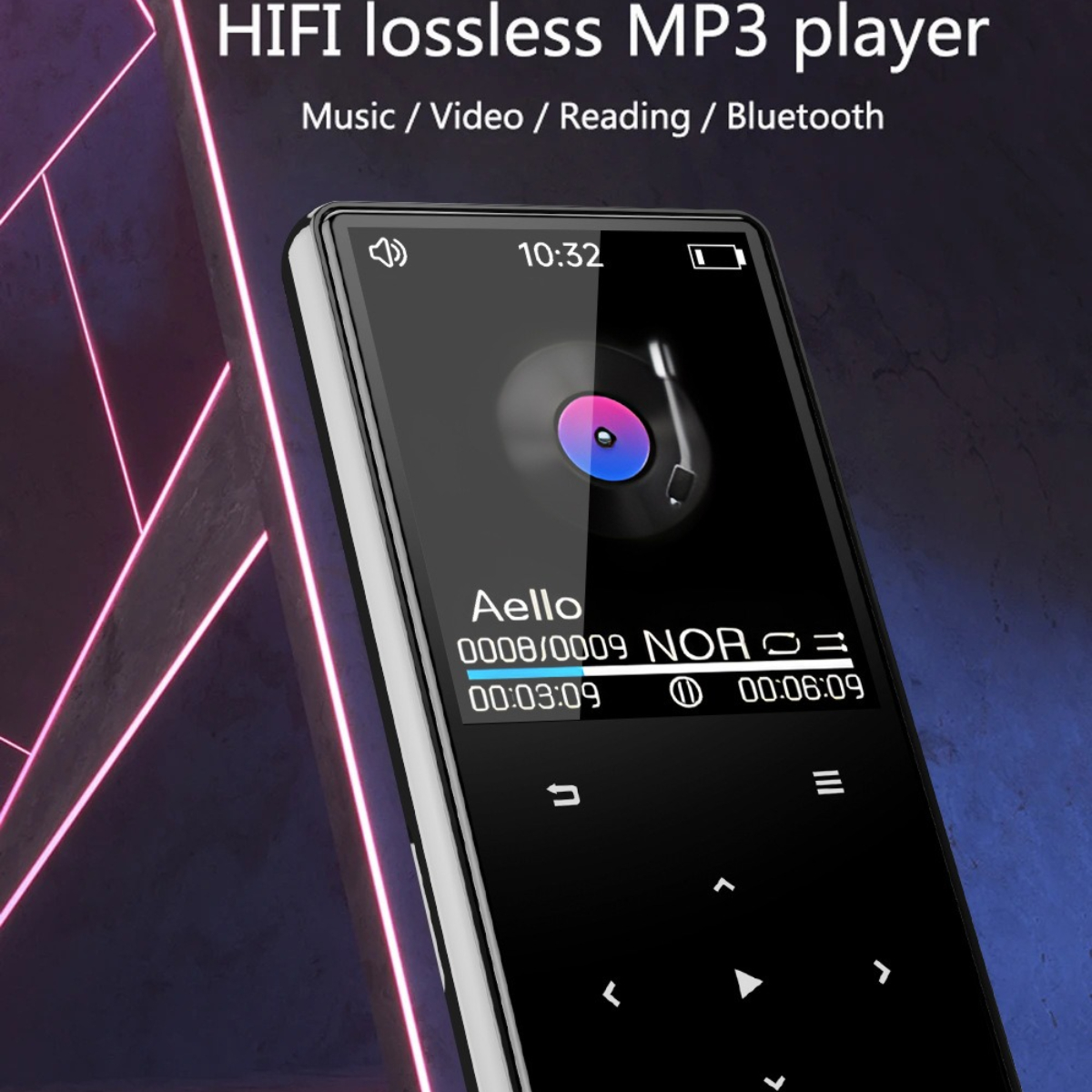 Schwarzer MP3-Player mit Bildschirm, der ein Plattenspielerbild zeigt. Pinke und violette Neonlichter.