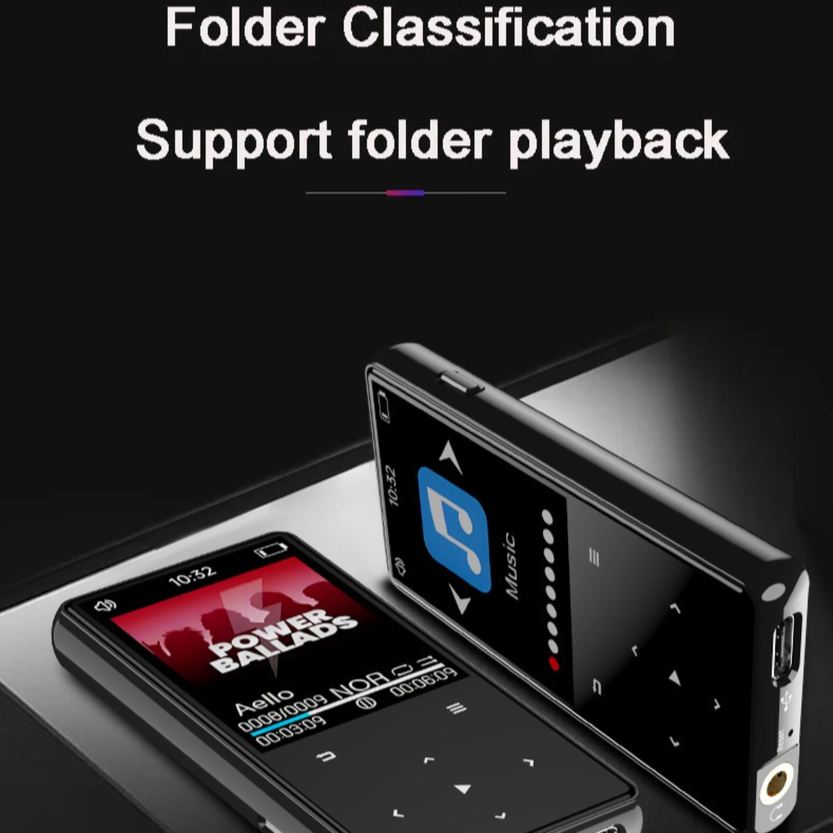 Zwei schwarze MP3-Player mit Bildschirmen, die Albumcover und Titelinformationen anzeigen. Text: "Ordnerklassifizierung".