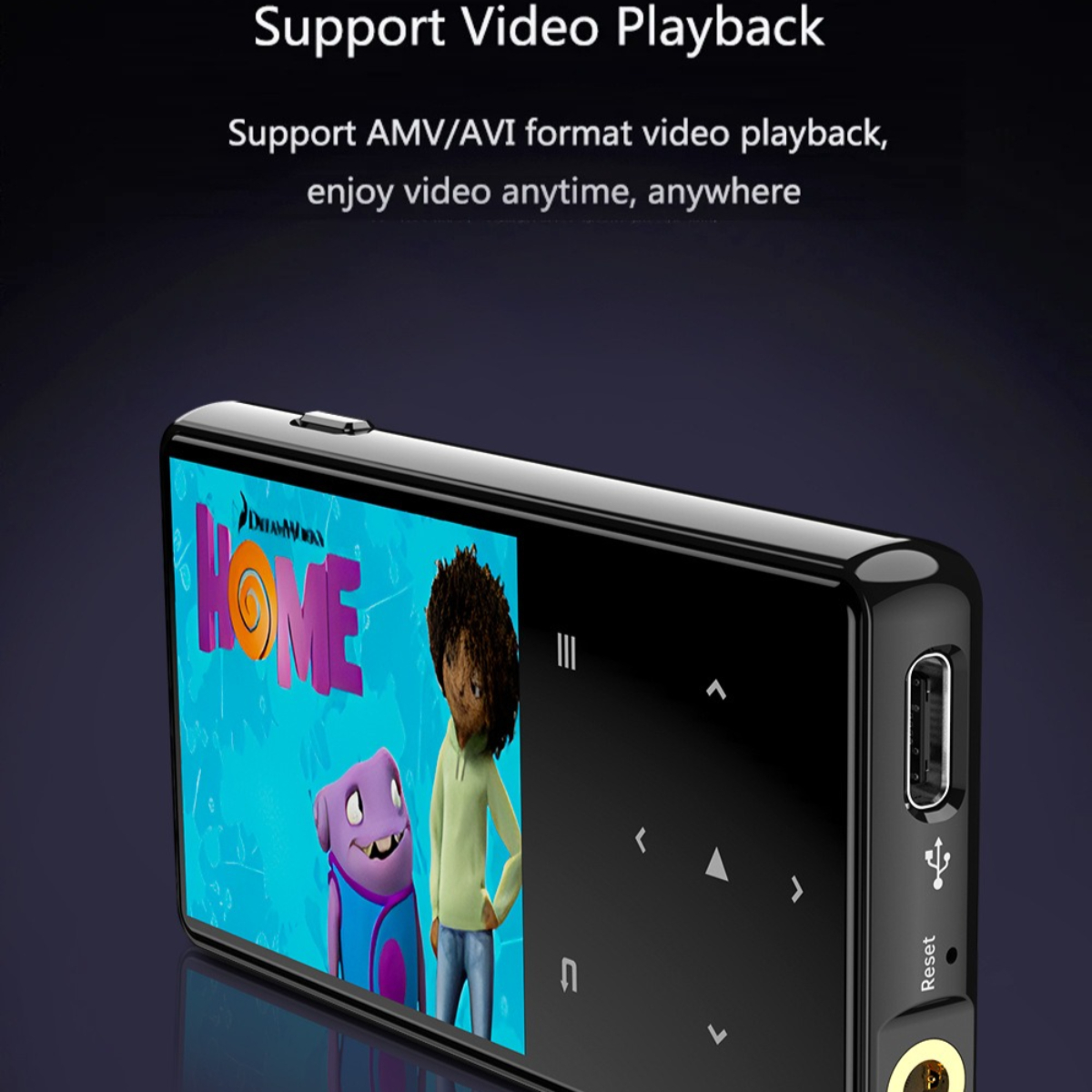 Schwarzer MP3-Player zeigt Film mit Cartoon-Figuren. Text: Support Video Playback.