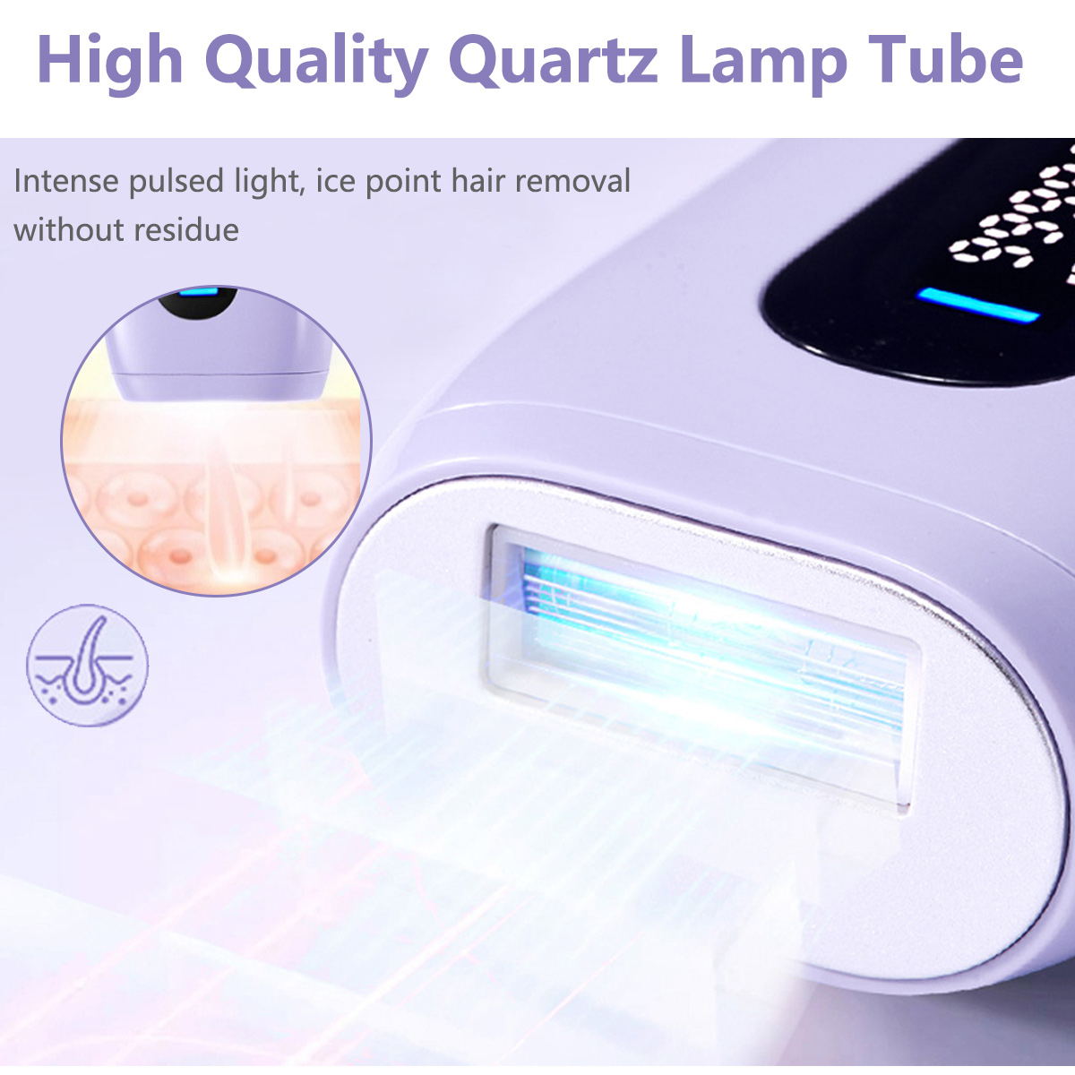 Laser-Haarentfernungsgerät mit Lichtstrahlen und Diagramm eines Haarfollikels.