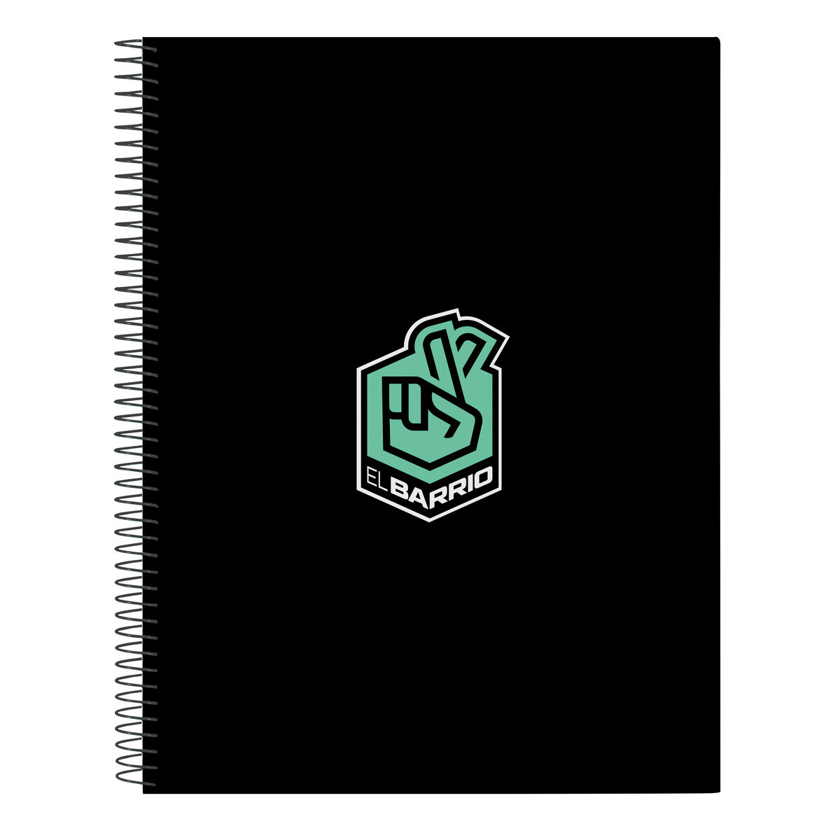 Ein schwarzes Spiralnotizbuch mit einem grün-weißen Logo mit der Aufschrift "EL BARRIO".
