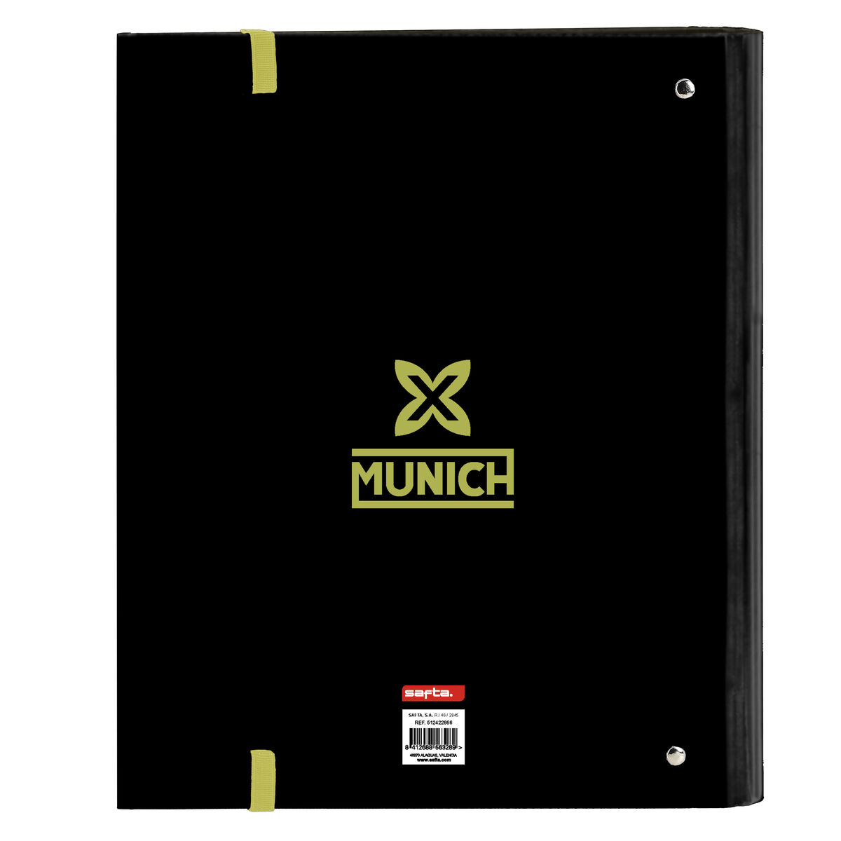 Ein schwarzes Buch mit dem Wort 'MUNICH' und einem Logo auf der Vorderseite. Gelbe Riemen an der Seite.