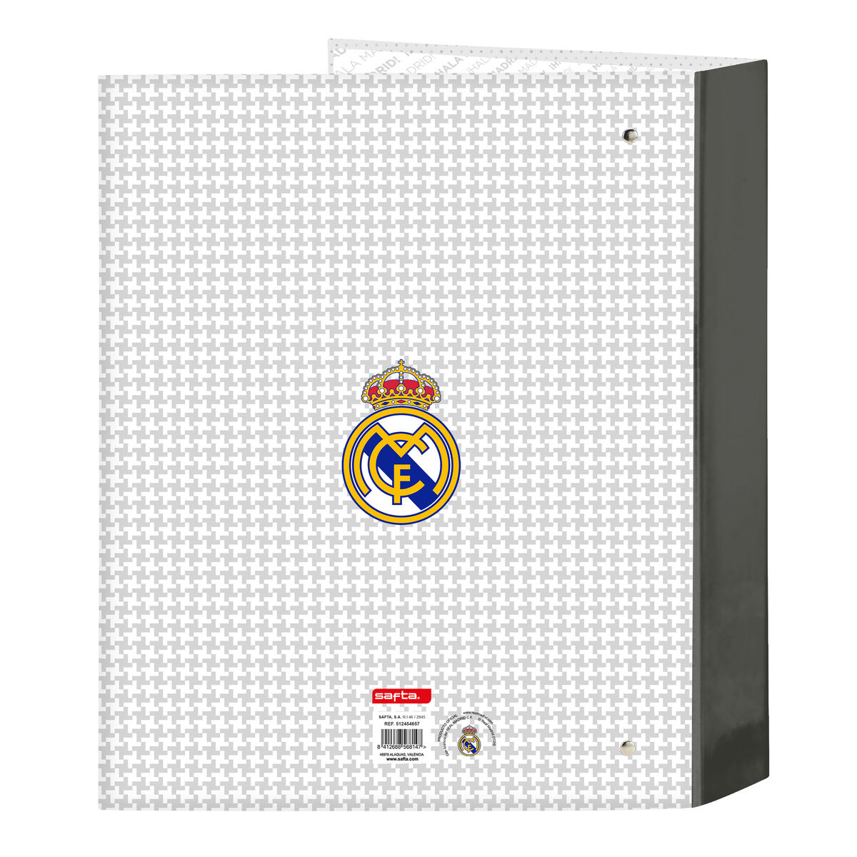 Ein geschlossener Ordner mit weiß-grauem Muster. Das Real Madrid Logo ist vorne.