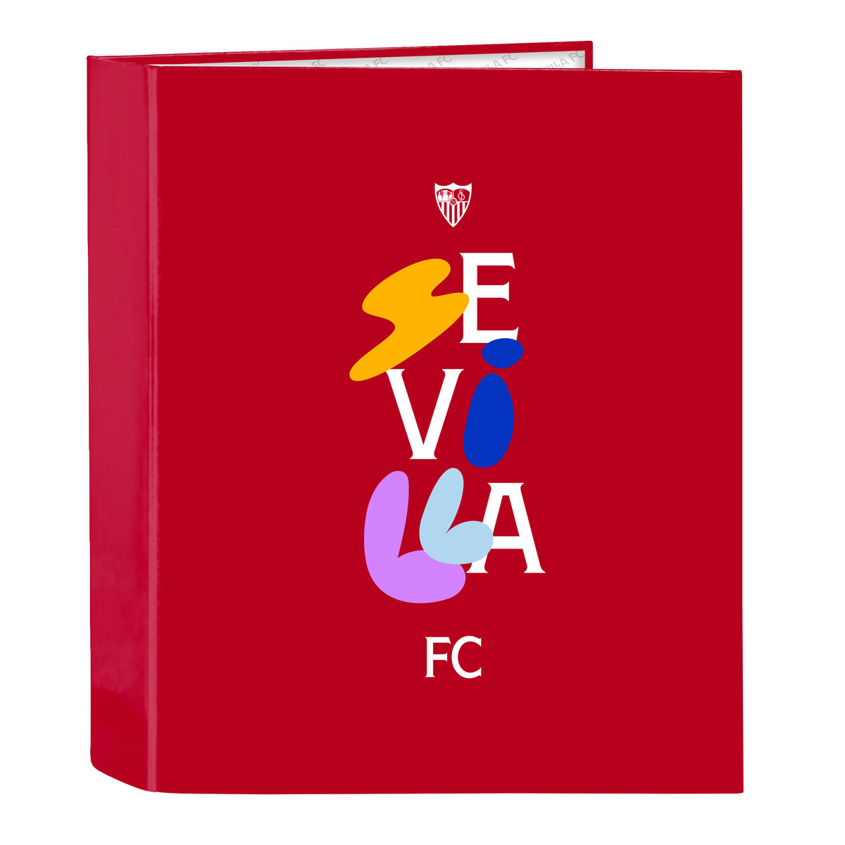 Roter Buchumschlag mit dem Wort Sevilla in bunten abstrakten Buchstaben und Logo.