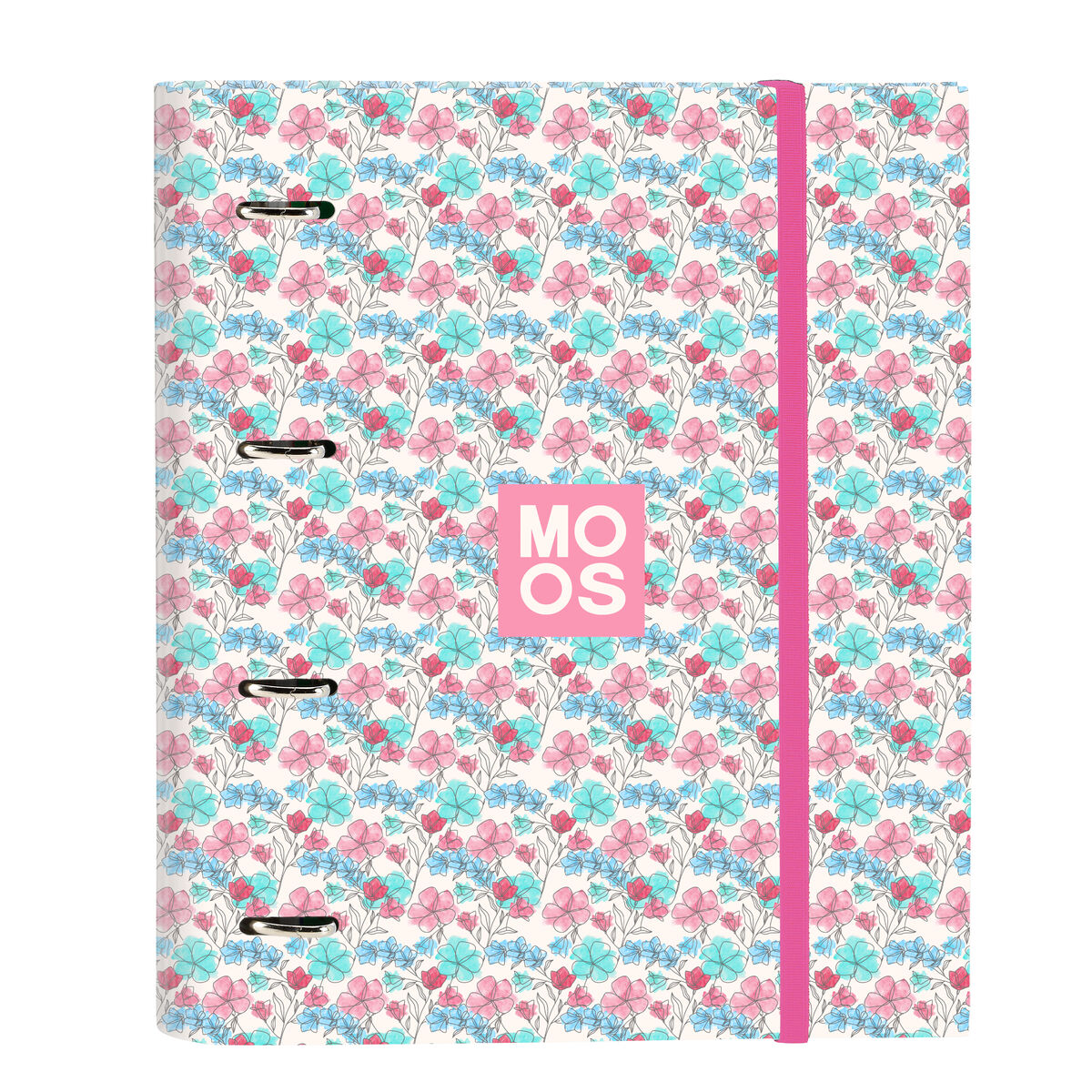 Ordner mit floralem Muster. Er hat ein rosa Gummiband. Auf dem Cover steht das Wort MOOS.