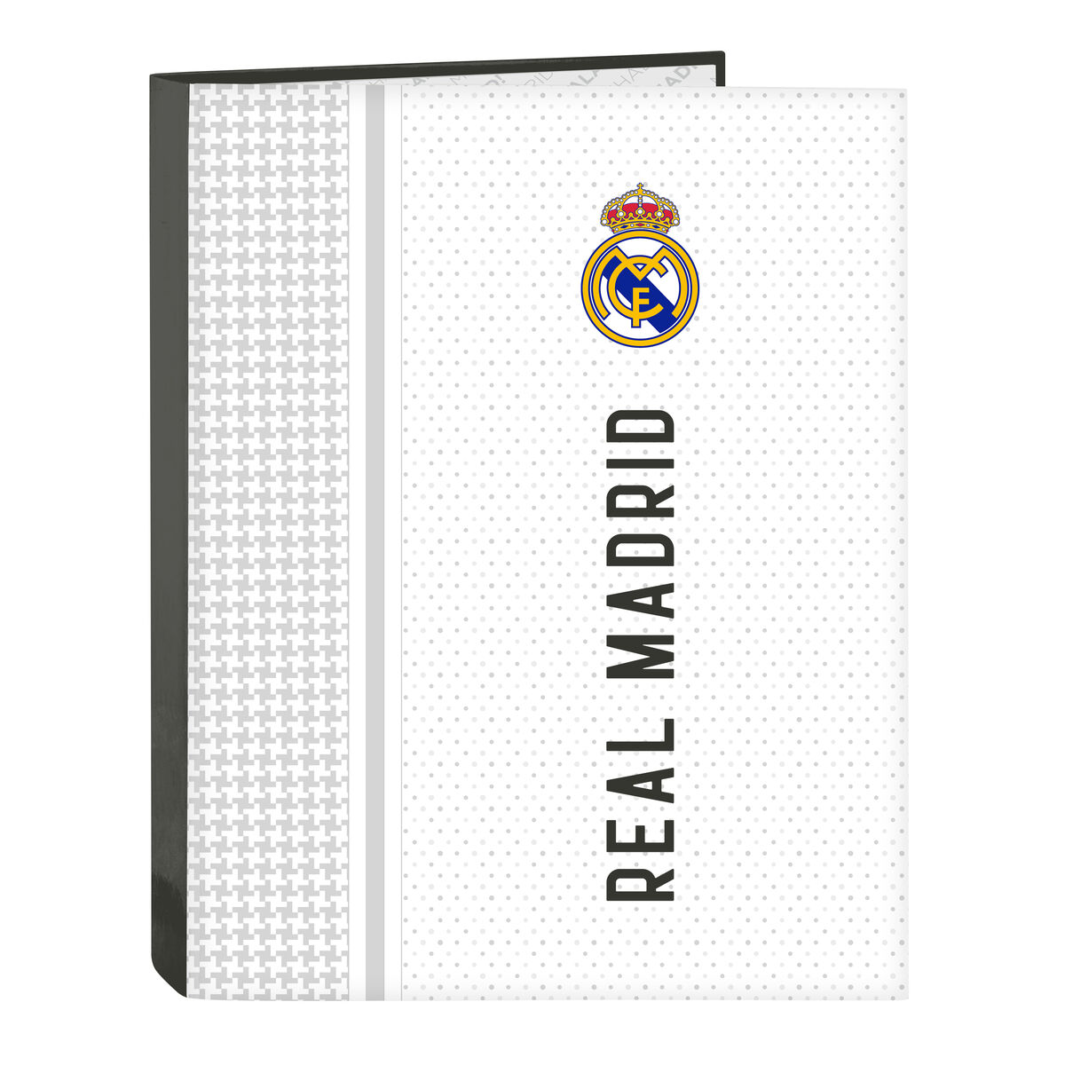 Real Madrid-Markenordner, weißer Hintergrund, mit Logo und Teamnamen, schlichtes und sauberes Design.