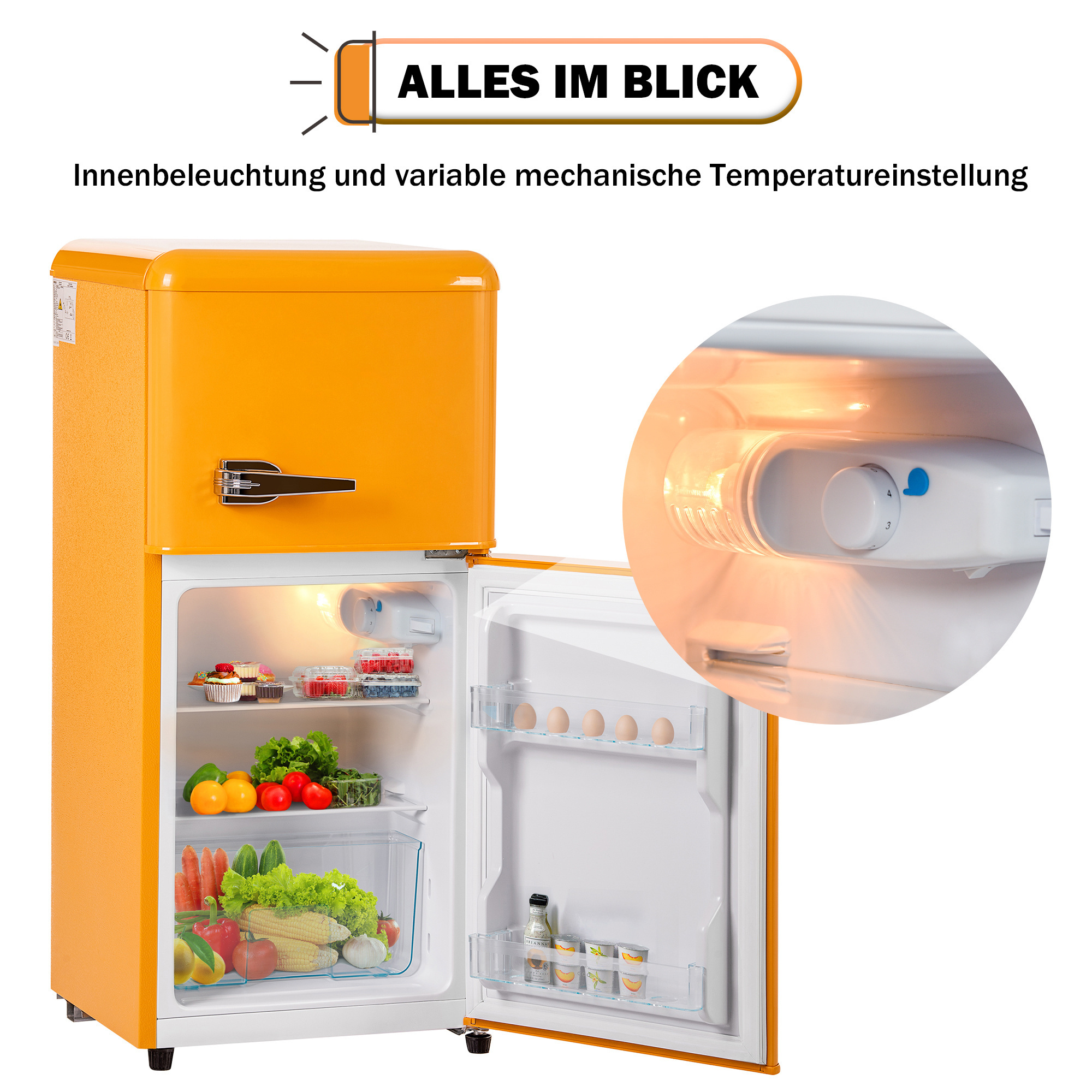 Ein orangefarbener Retro-Kühlschrank mit offener Tür, der Lebensmittel zeigt. Nahaufnahme zeigt den Temperaturregler.