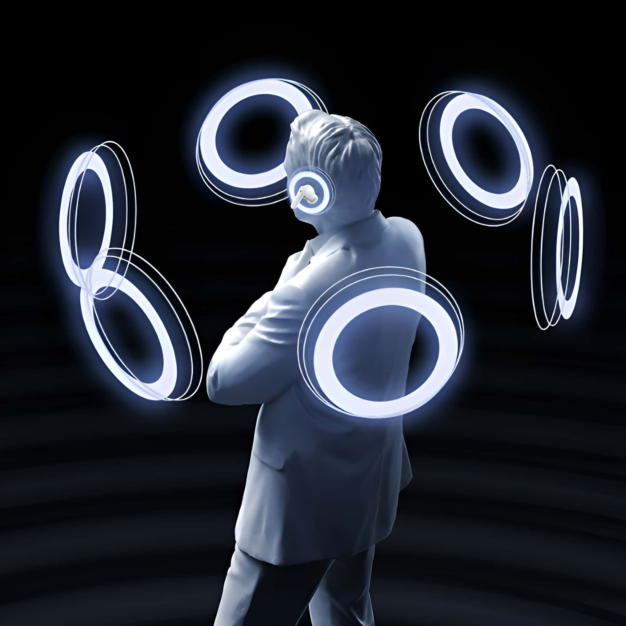 Eine 3D-gerenderte Figur eines Mannes in weißem Anzug, umgeben von leuchtenden weißen Ringen.