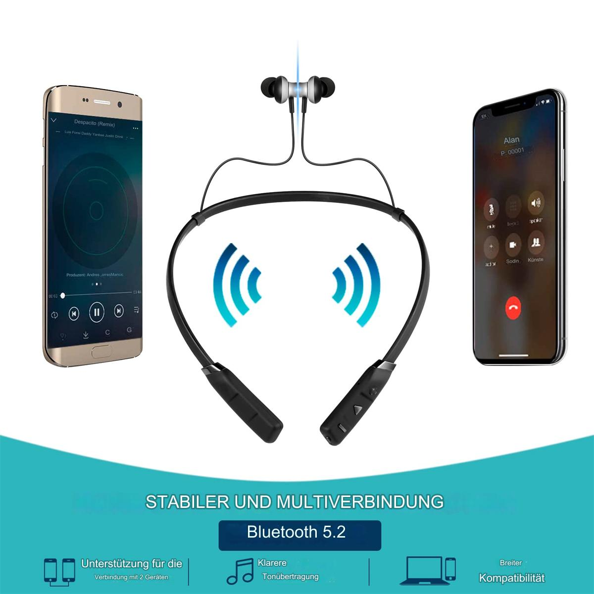 Nackenbügel-Kopfhörer mit zwei Telefonen an den Seiten, Bluetooth 5.2-Informationen unten.