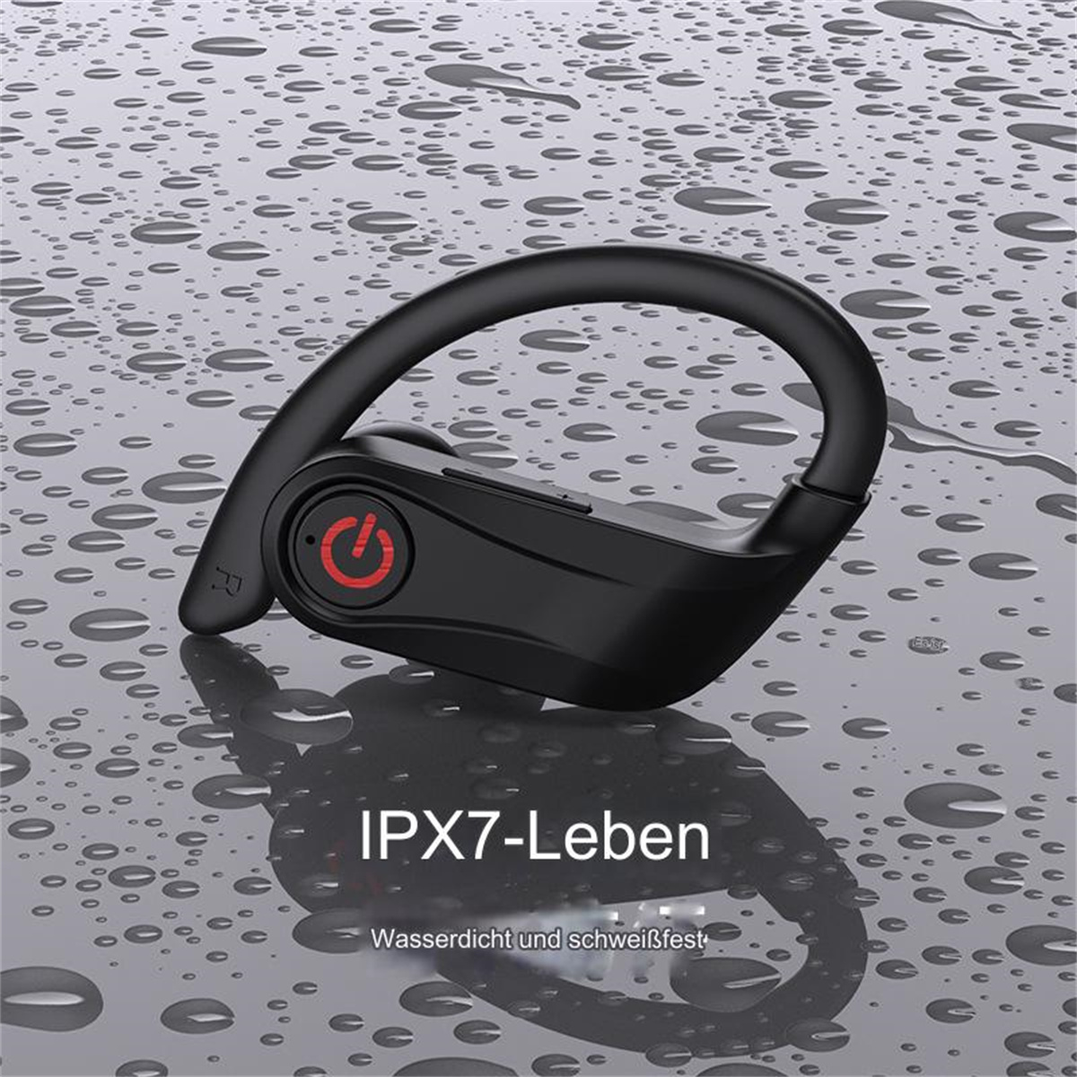 Schwarzer kabelloser Ohrhörer mit roter Taste. Text: IPX7-Leben, Wasserdicht und schweißfest.