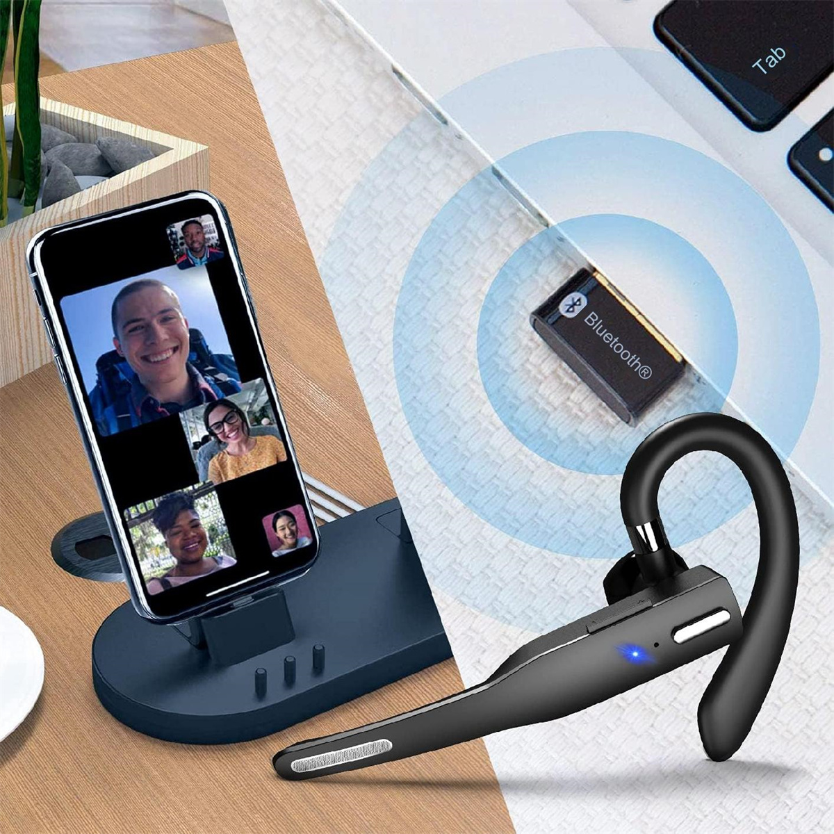 Eine Person benutzt ein Bluetooth-Headset für einen Videoanruf auf einem Smartphone. Ein Bluetooth-Empfänger wird ebenfalls gezeigt.
