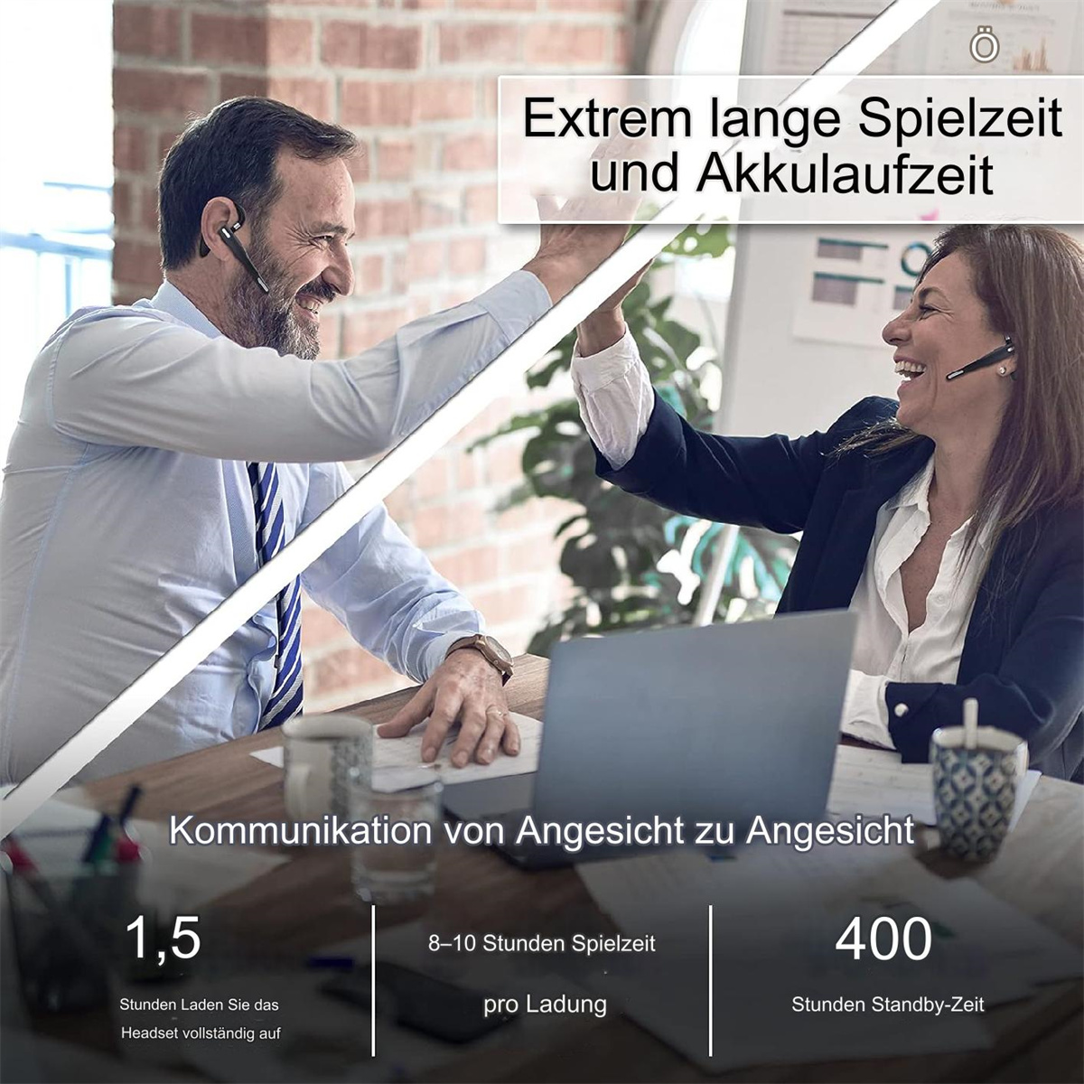 Zwei Personen geben sich im Büro ein High-Five, mit Text über lange Akkulaufzeit und Kommunikation von Angesicht zu Angesicht.