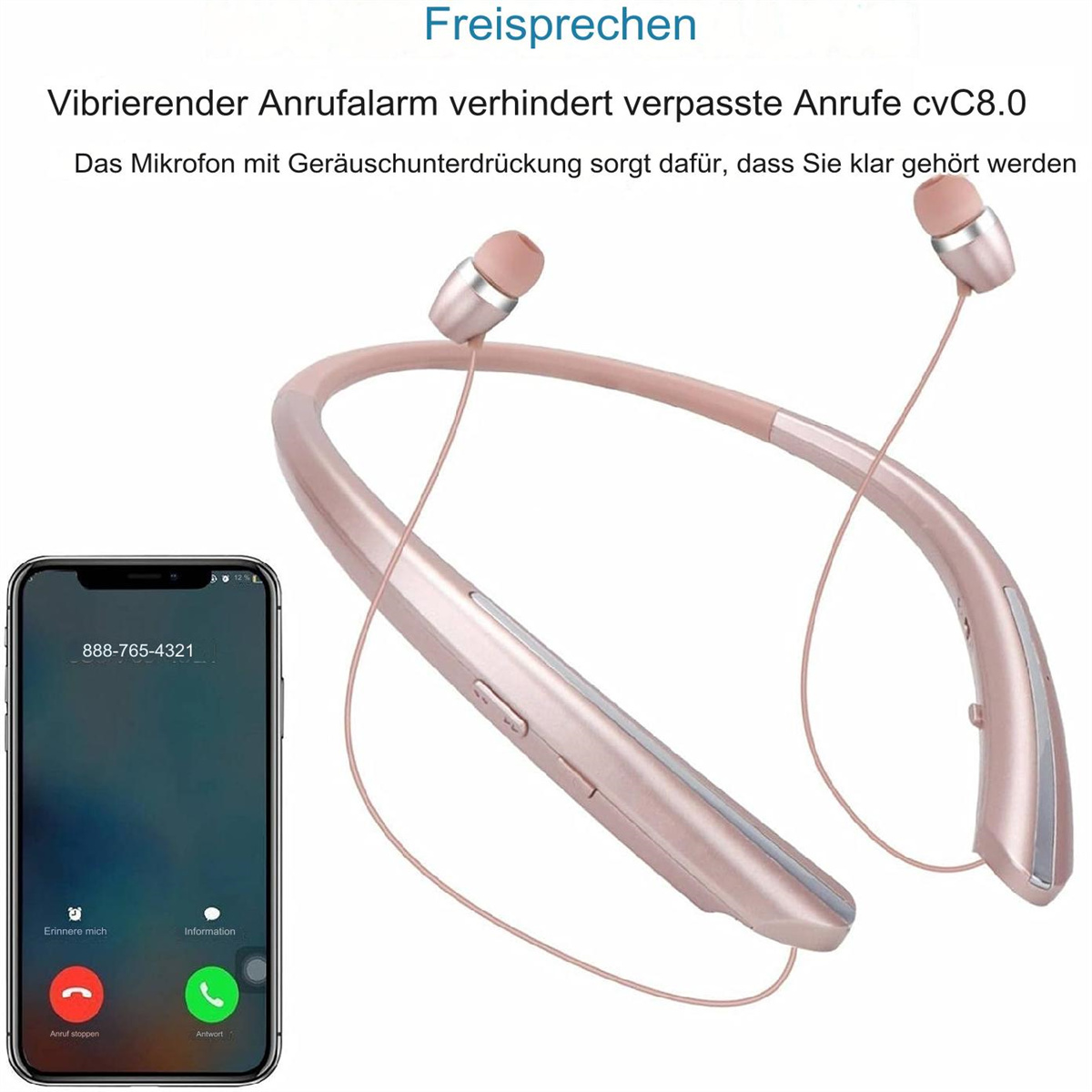 Kabellose Ohrhörer und Telefon mit Anrufbildschirm. Telefon hat Anruf- und Ablehnungstaste.