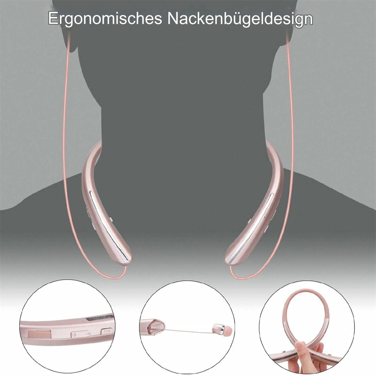 Drahtlose Ohrhörer im roségoldenen Nackenband-Stil mit drei Detailaufnahmen.
