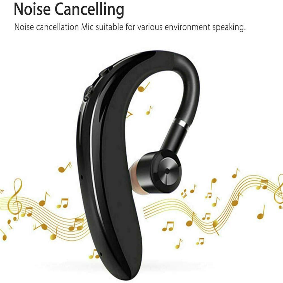 Ein schwarzes drahtloses Headset mit geschwungenem Design und einem kleinen Ohrhörer. Musiknoten im Hintergrund.