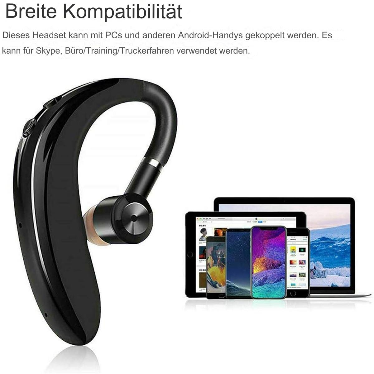Schwarzes Bluetooth-Headset auf weißem Hintergrund. Zeigt Telefone und Tablets. Text: 'Breite Kompatibilität'.